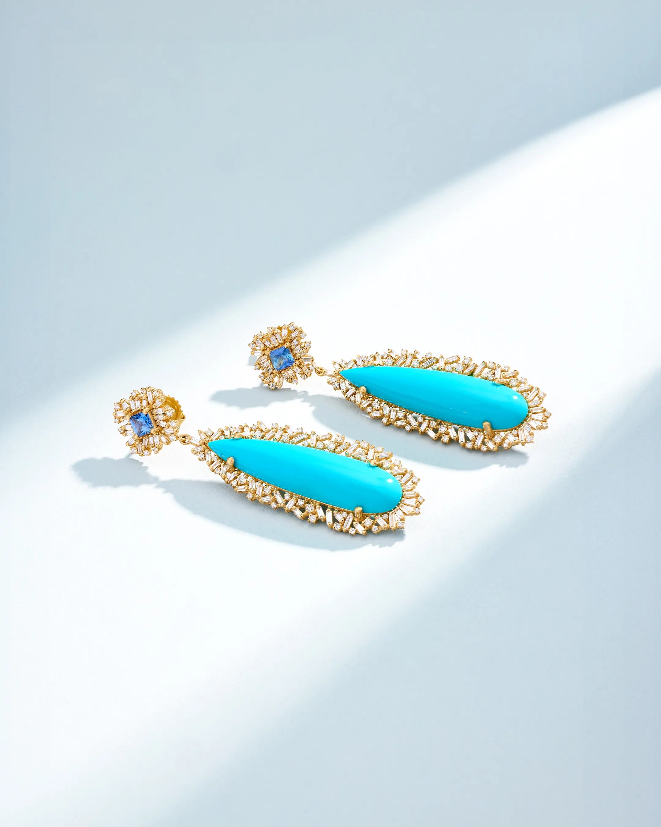 Suzanne Kalan One of a Kind Turquoise & Blue Sapphire Drop Earrings in 18k yellow gold