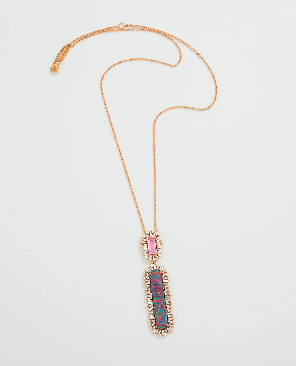 Suzanne Kalan One of a Kind Rectangular Opal Doublet & Pink Sapphire Drop Pendant in 18k rose gold