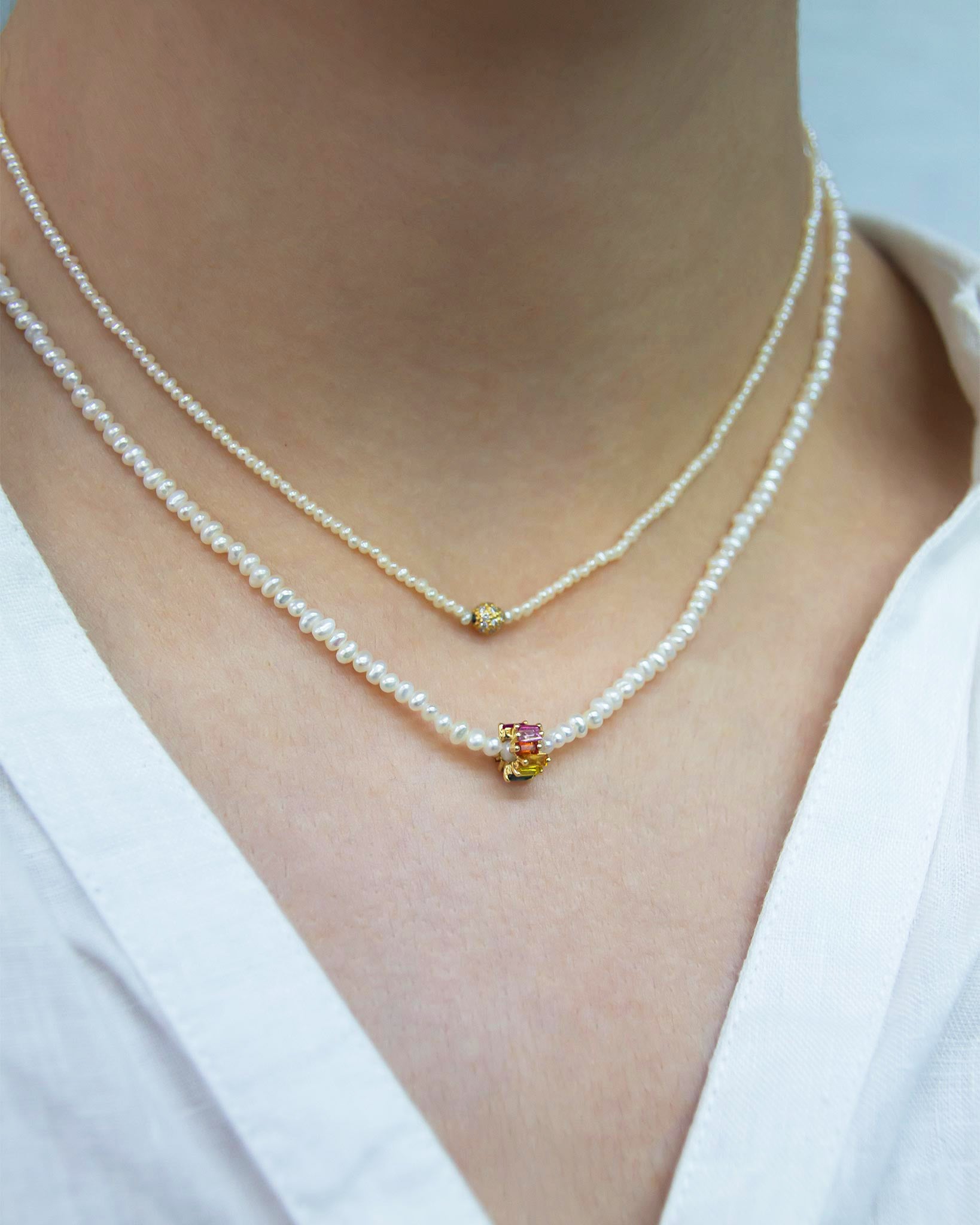 Suzanne Kalan Infinite Beaded White Pearl & Mini Rainbow Sapphire Rondelle Necklace in 18k yellow gold