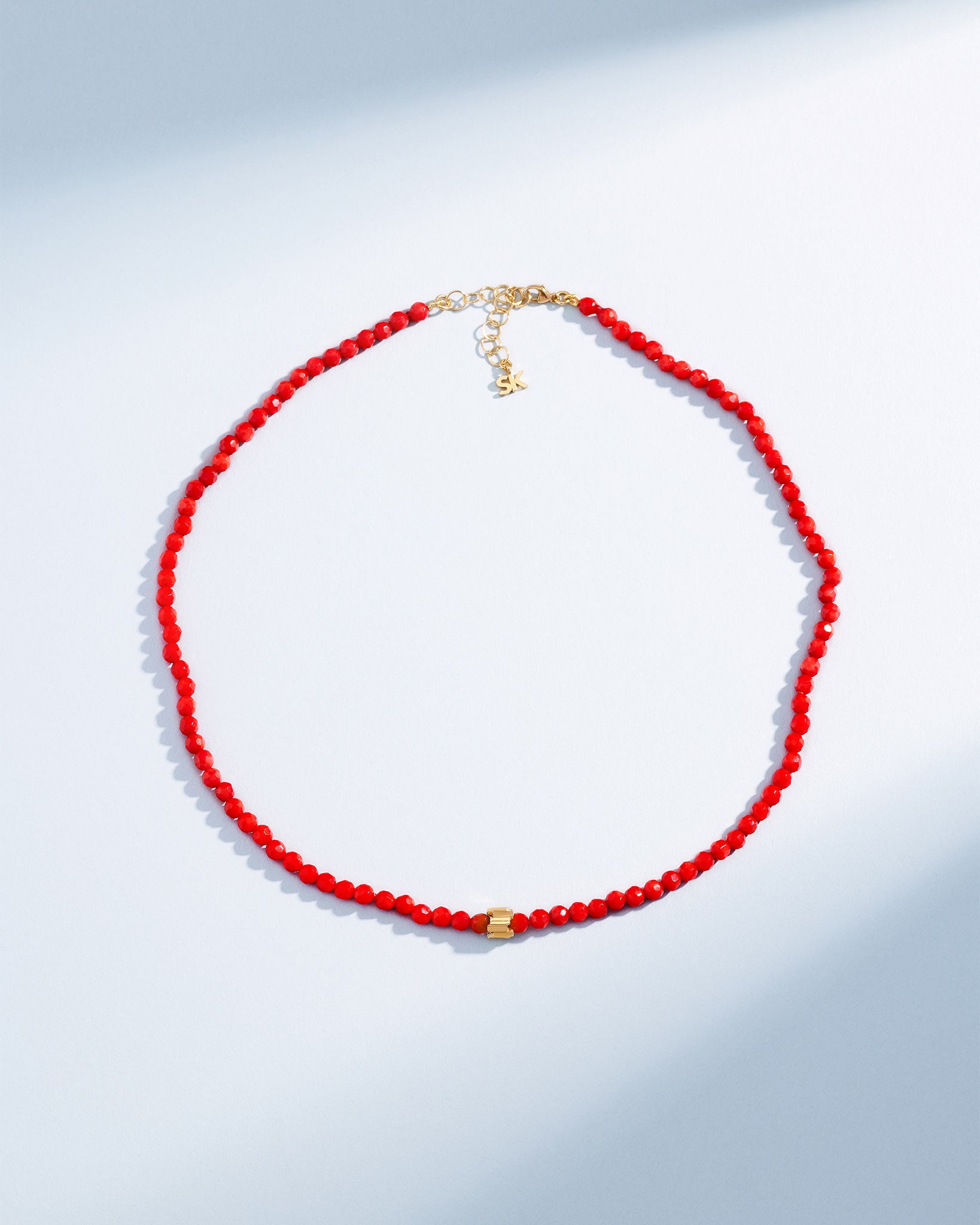 Infinite Beaded Round Red Coral Mini Golden Rondelle Necklace
