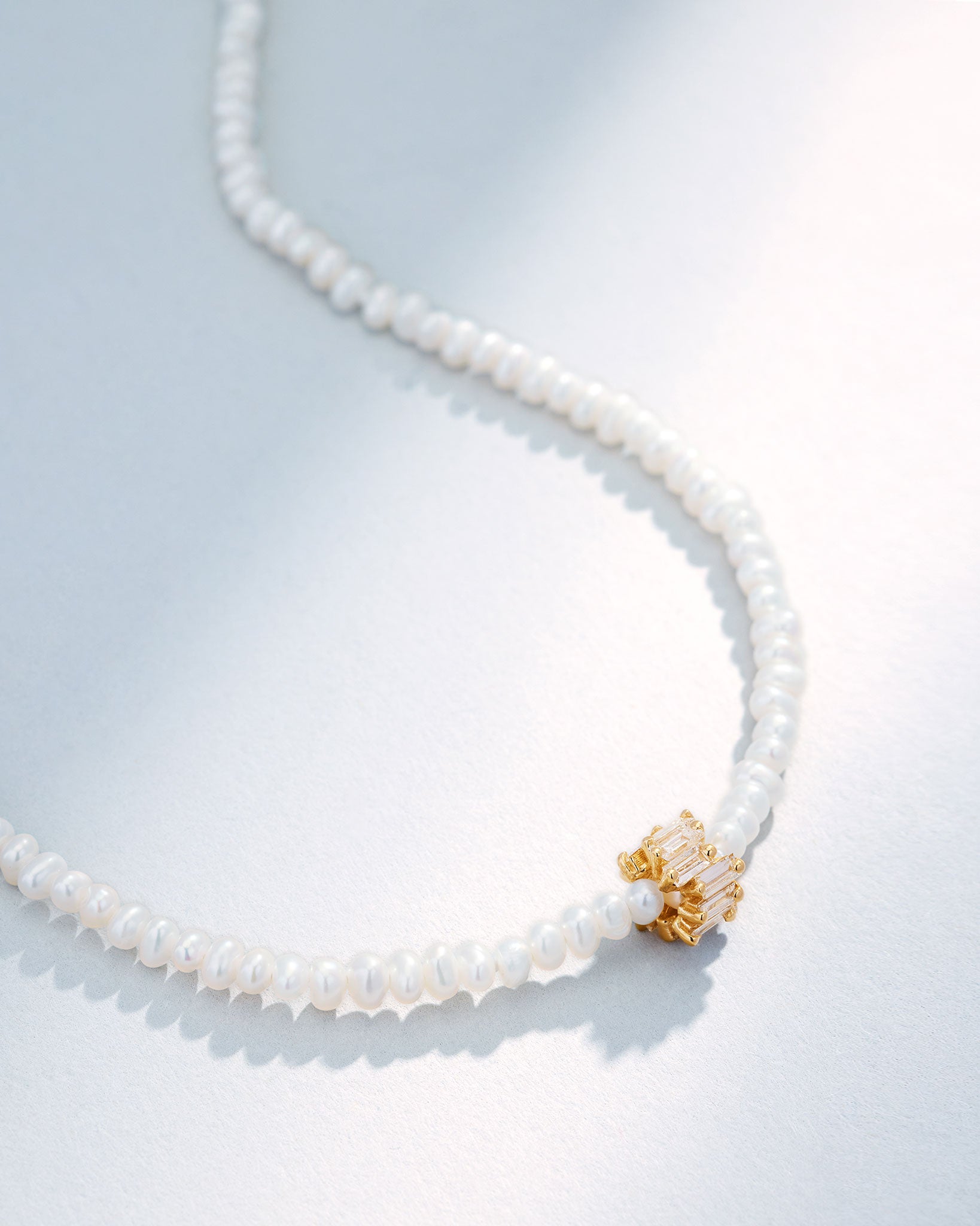 Suzanne Kalan Infinite Beaded White Pearl & Mini Diamond Rondelle Necklace in 18k yellow gold