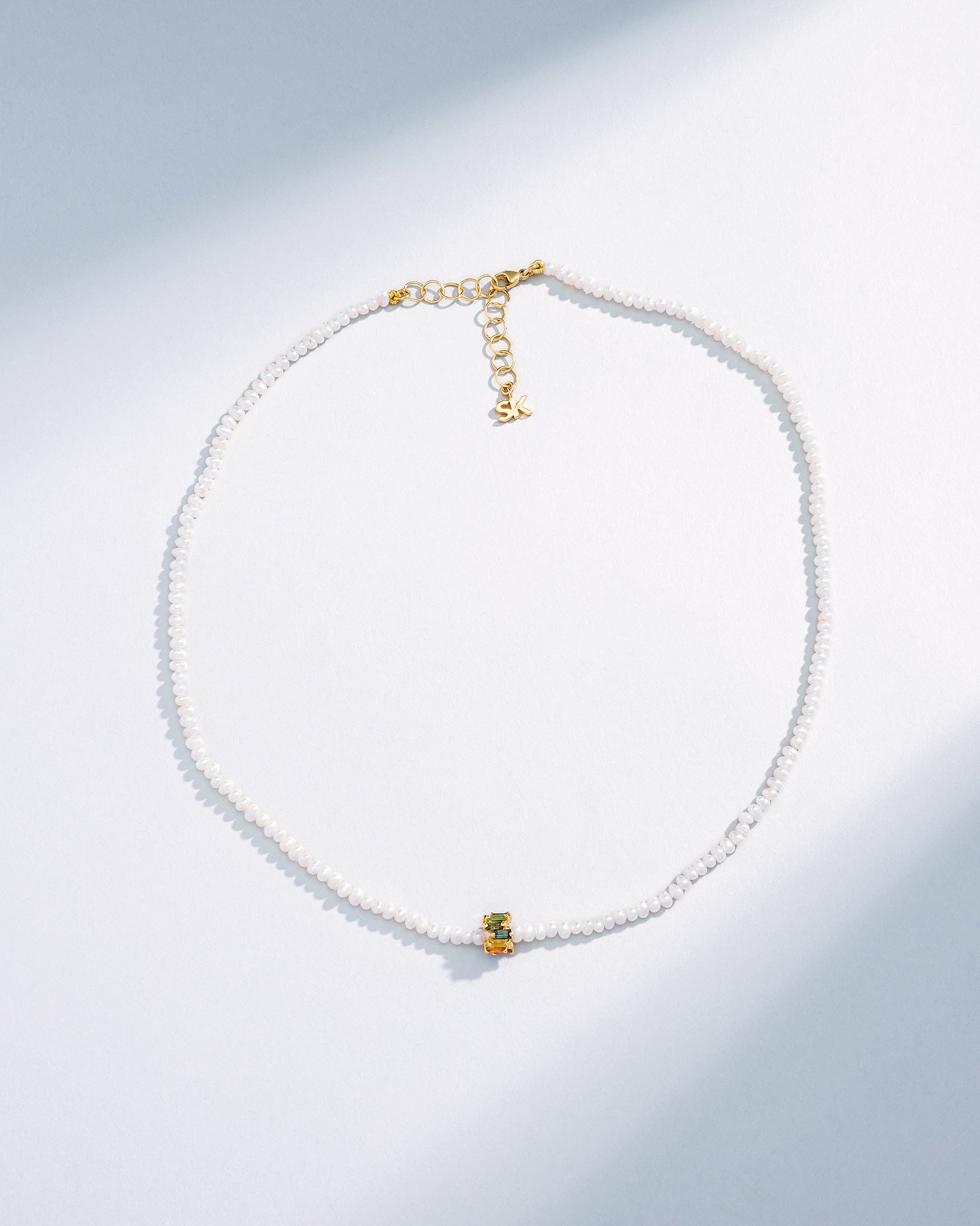 Suzanne Kalan Infinite Beaded White Pearl & Mini Rainbow Sapphire Rondelle Necklace in 18k yellow gold