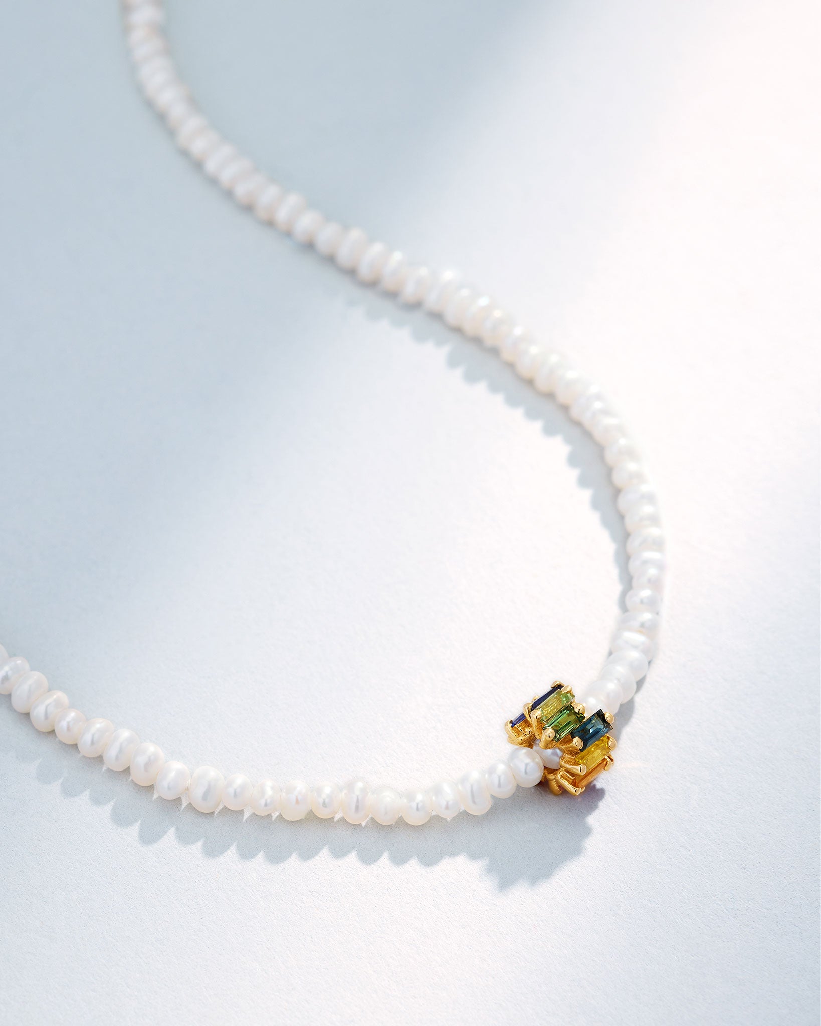 Suzanne Kalan Infinite Beaded White Pearl & Mini Rainbow Sapphire Rondelle Necklace in 18k yellow gold