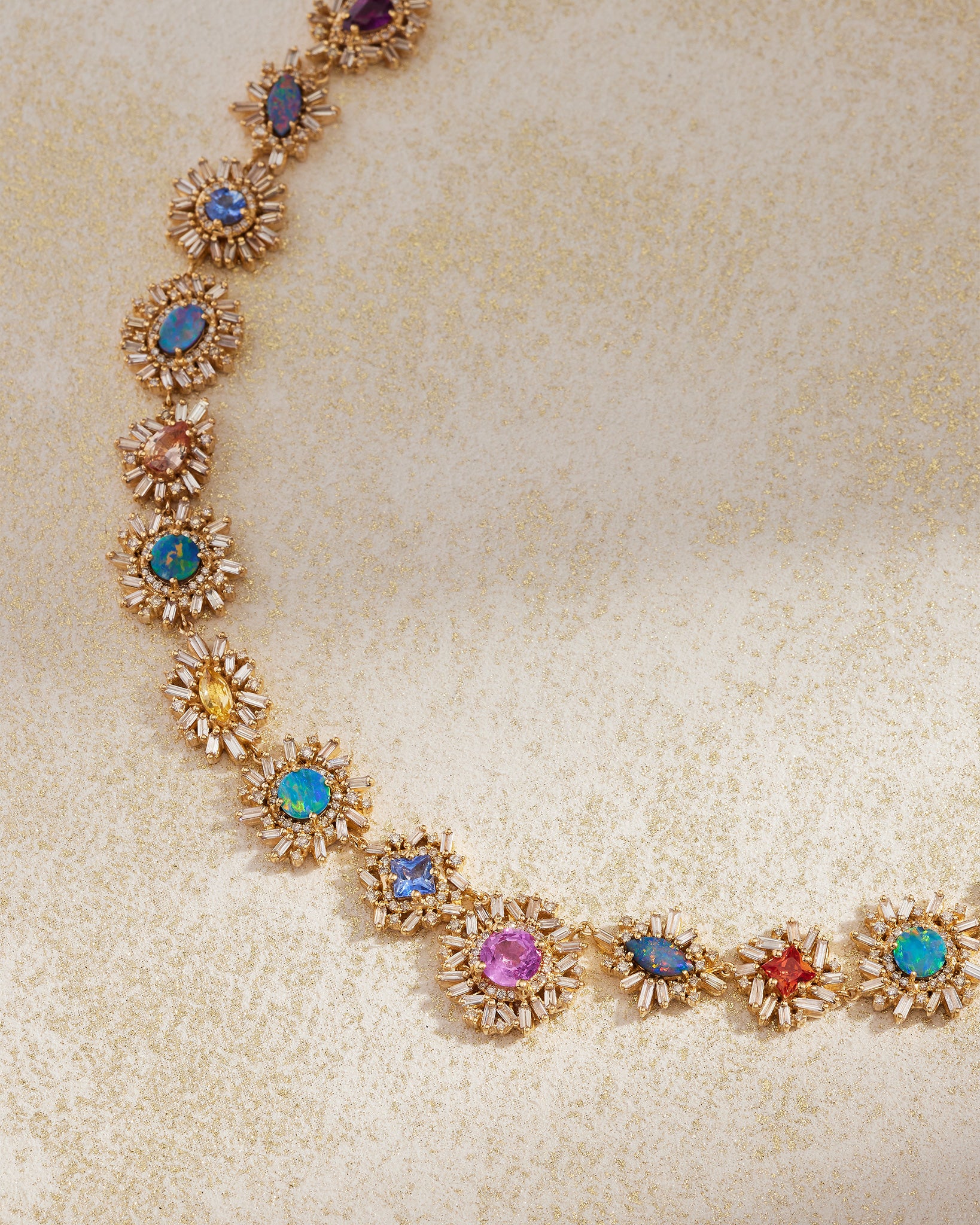 Suzanne Kalan One of a Kind Opal & Sapphire Pastel Flower Riviere Necklace in 18k yellow gold
