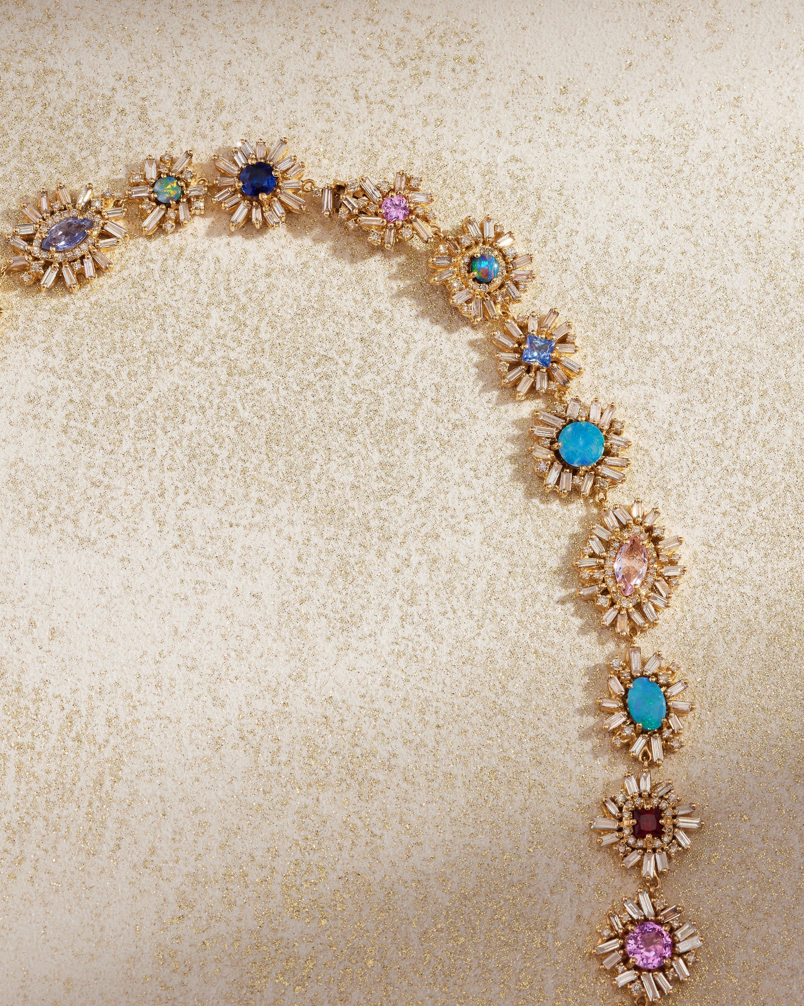 Suzanne Kalan One of a Kind Opal & Sapphire Pastel Flower Riviere Necklace in 18k yellow gold