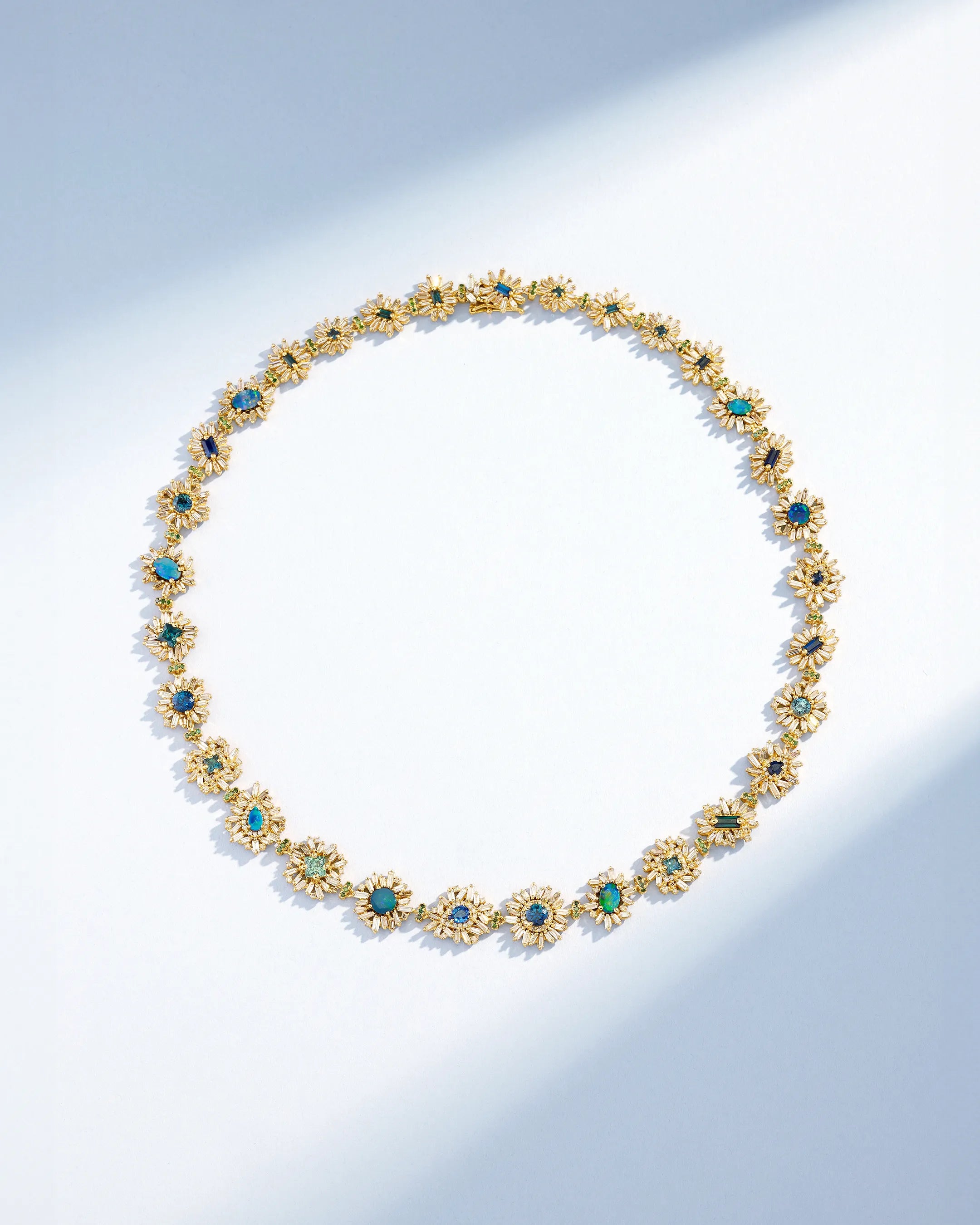 Suzanne Kalan One of a Kind Opal & Sapphire Blue Flower Riviere Necklace in 18k yellow gold