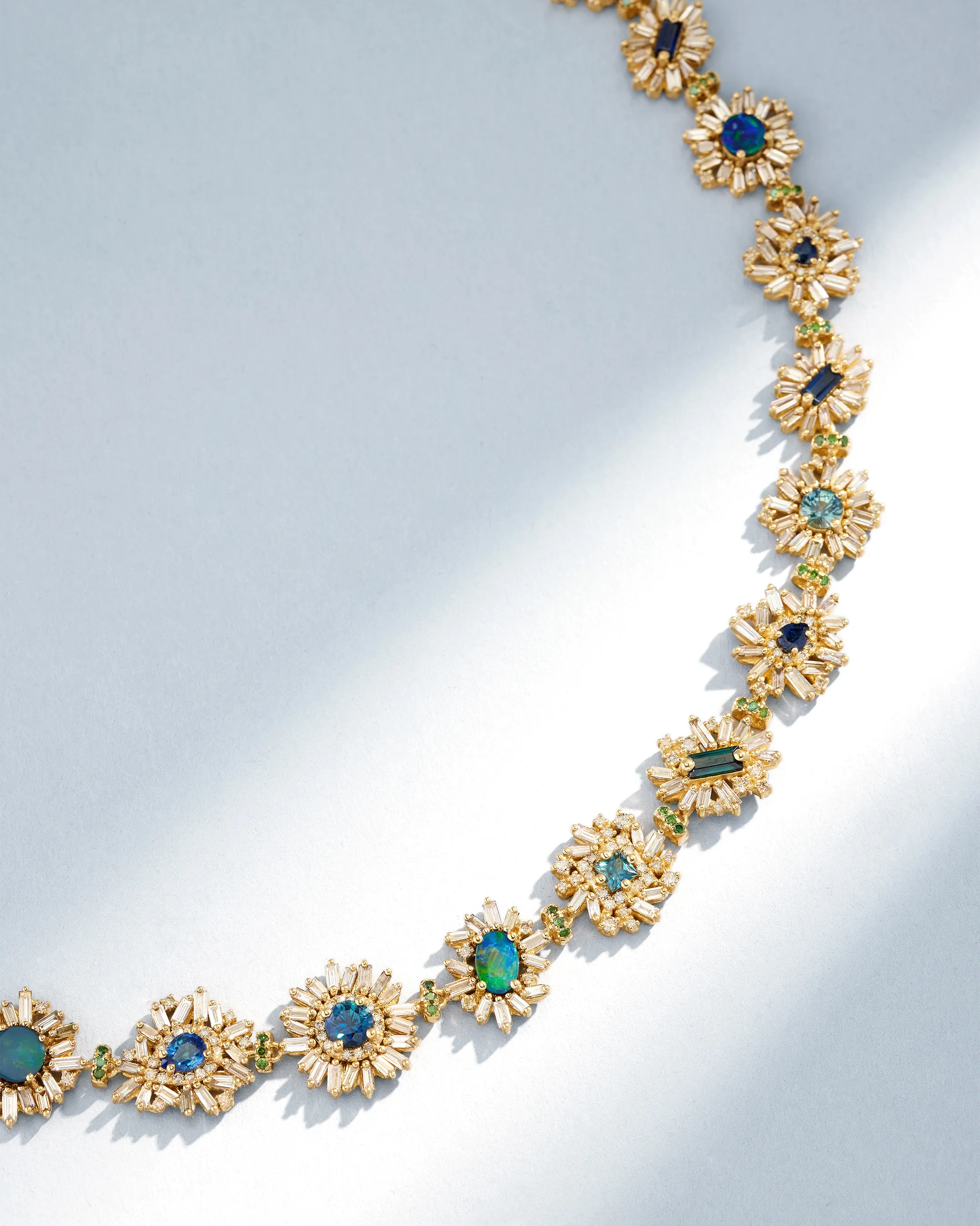 Suzanne Kalan One of a Kind Opal & Sapphire Blue Flower Riviere Necklace in 18k yellow gold