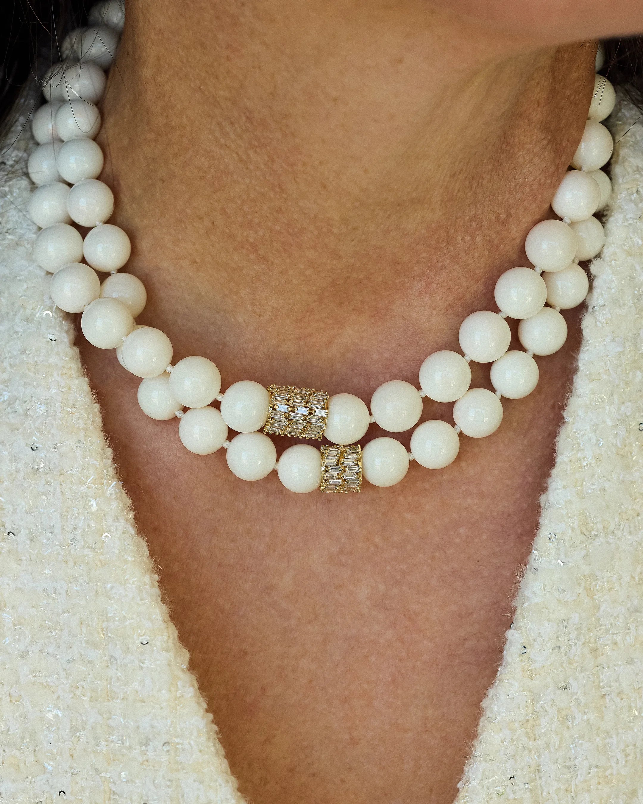 Suzanne Kalan Infinite Large Beaded White Coral & Milli Diamond Rondelle Necklace in 18k yellow gold