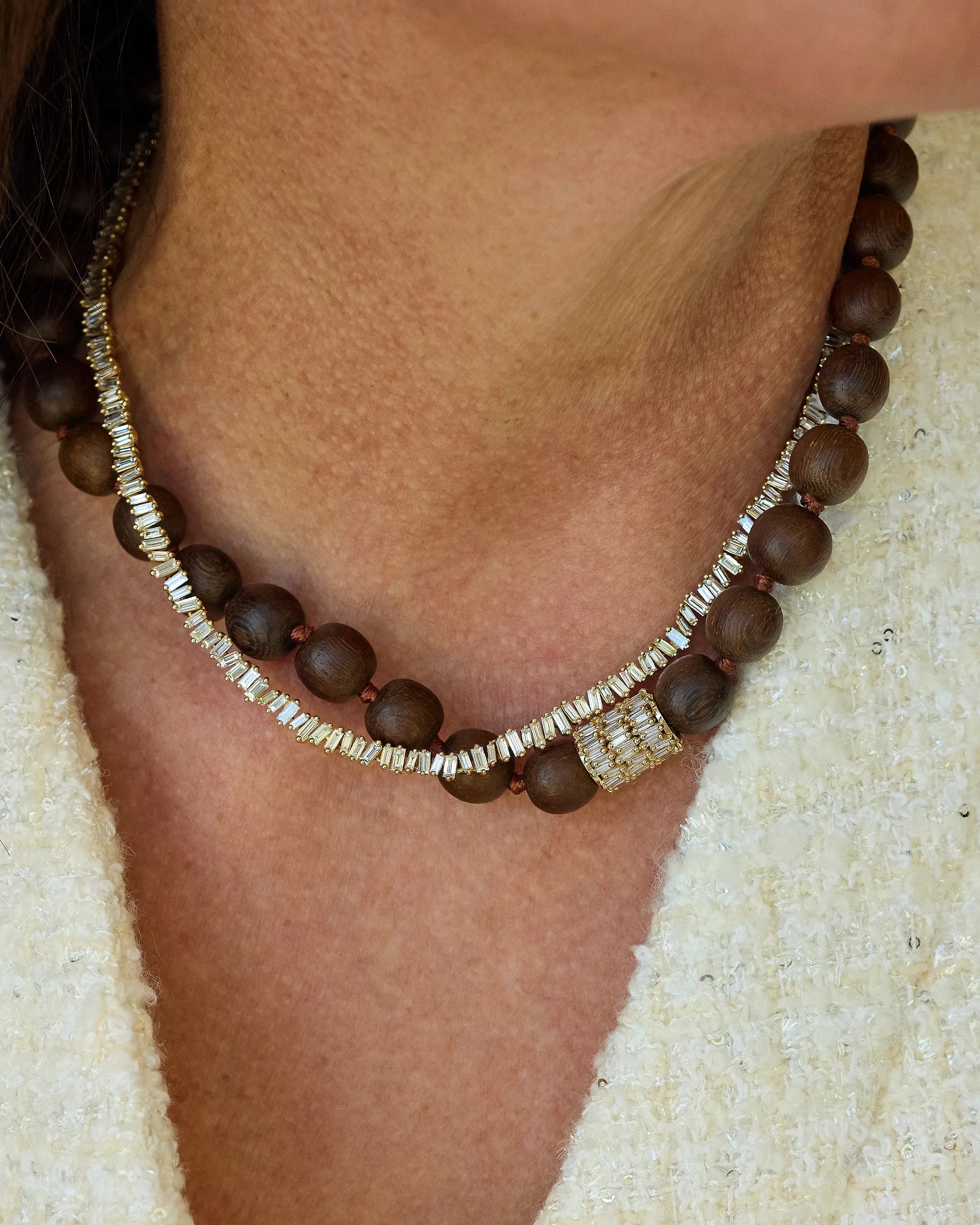 Suzanne Kalan Infinite Large Beaded Wood & Milli Diamond Rondelle Necklace in 18k yellow gold