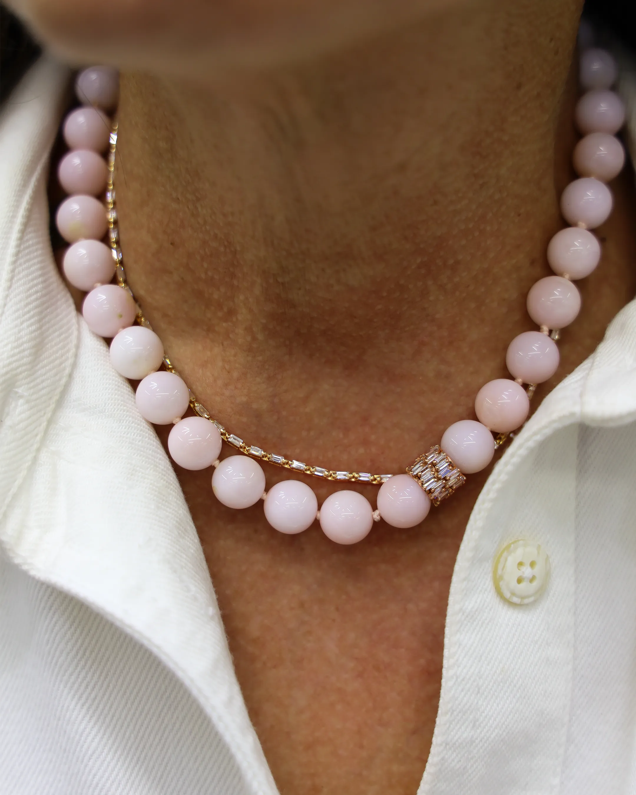 Infinite Large Beaded Pink Opal & Midi Diamond Rondelle Necklace