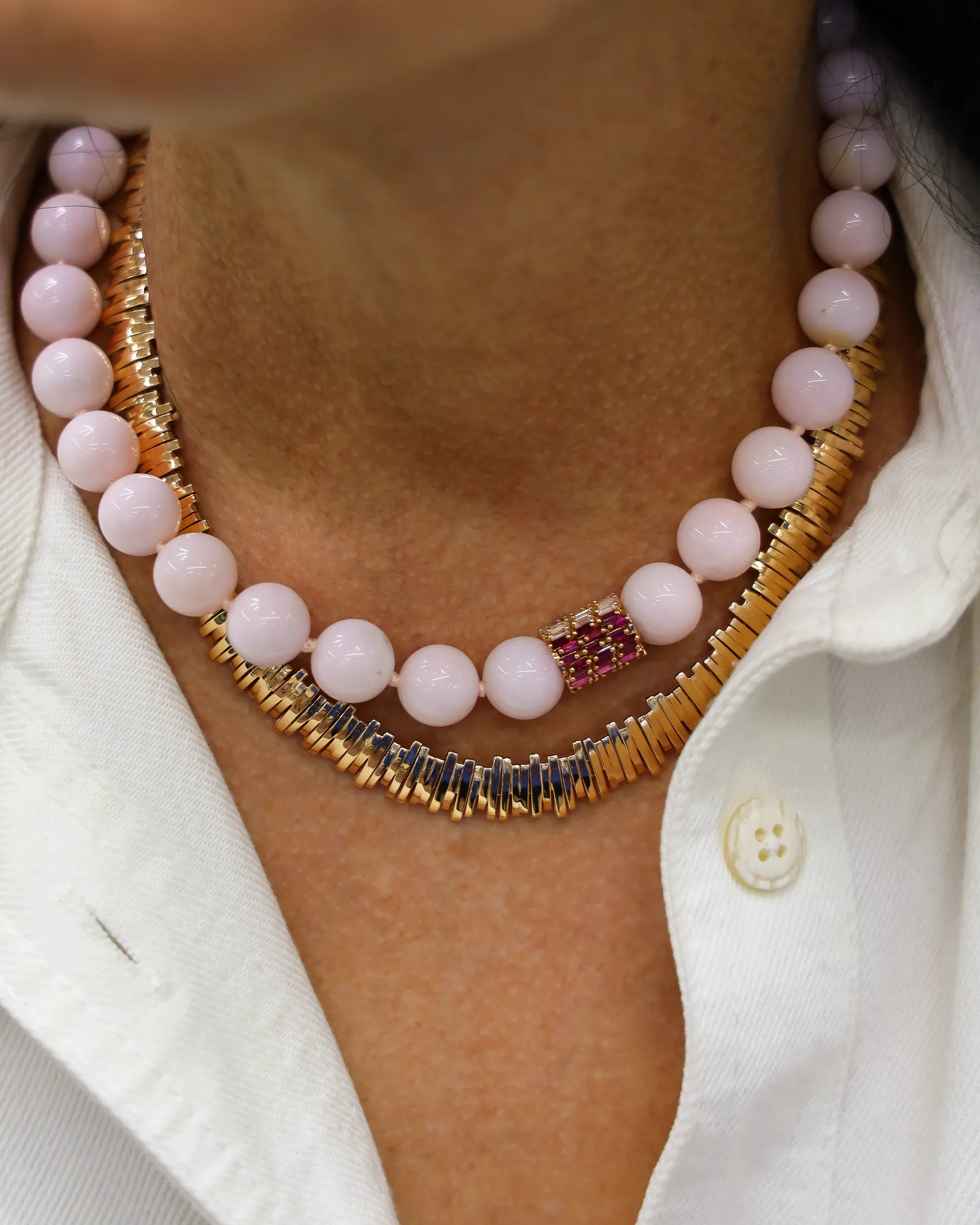 Suzanne Kalan Infinite Large Beaded Pink Opal & Milli Pink Sapphire Ombre Rondelle Necklace in 18k rose gold