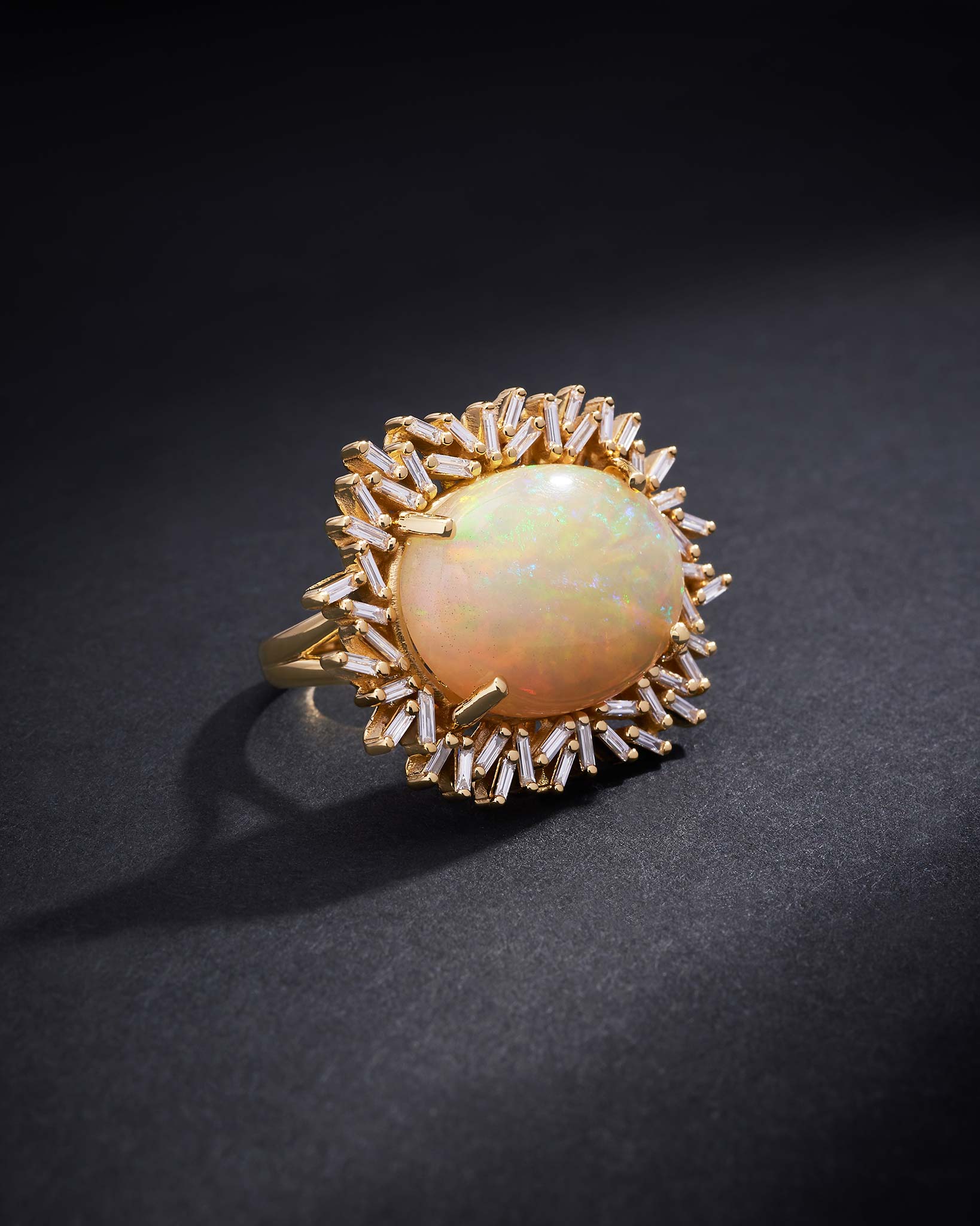 Suzanne Kalan One of a Kind Oval Shaped African Opal Sunburst Ring in 18k yellow gold