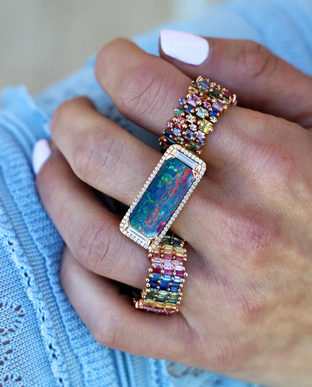 One of a Kind Rectangular Opal Doublet Bar Ring