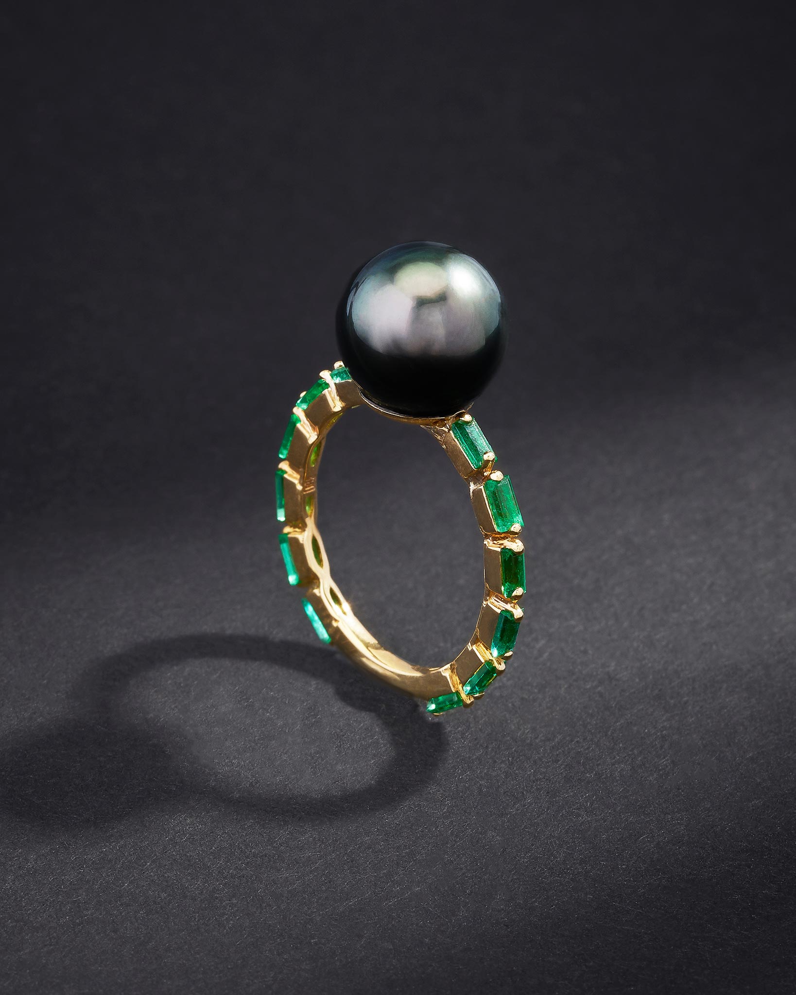 Suzanne Kalan One of a Kind Tahitian Pearl Ring with Emerald Baguettes in 18k yellow gold