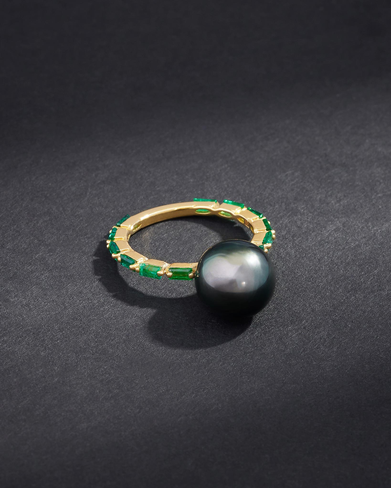 Suzanne Kalan One of a Kind Tahitian Pearl Ring with Emerald Baguettes in 18k yellow gold