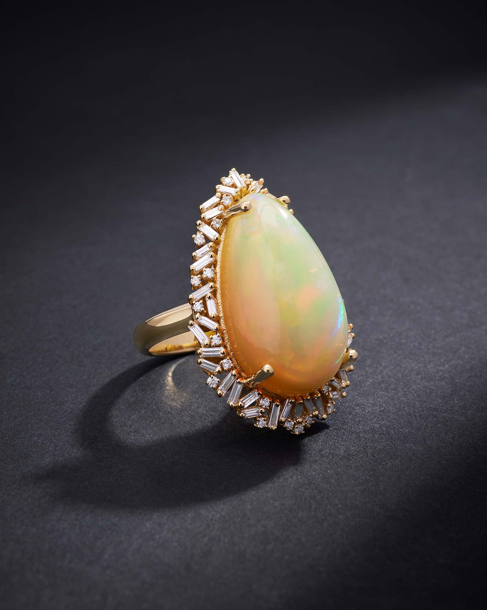 Suzanne Kalan One of a Kind Pear Shaped African Opal Sunburst Ring in 18k yellow gold