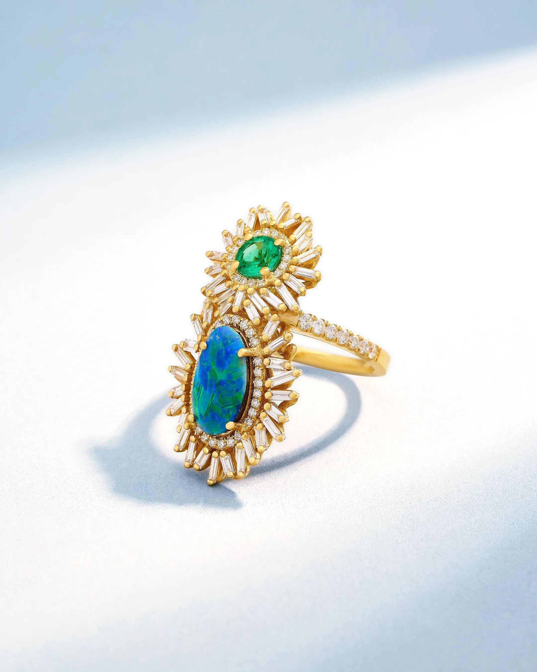 Suzanne Kalan One of a Kind Round Emerald & Oval Shape Opal Doublet Tear Drop Ring in 18k yellow gold