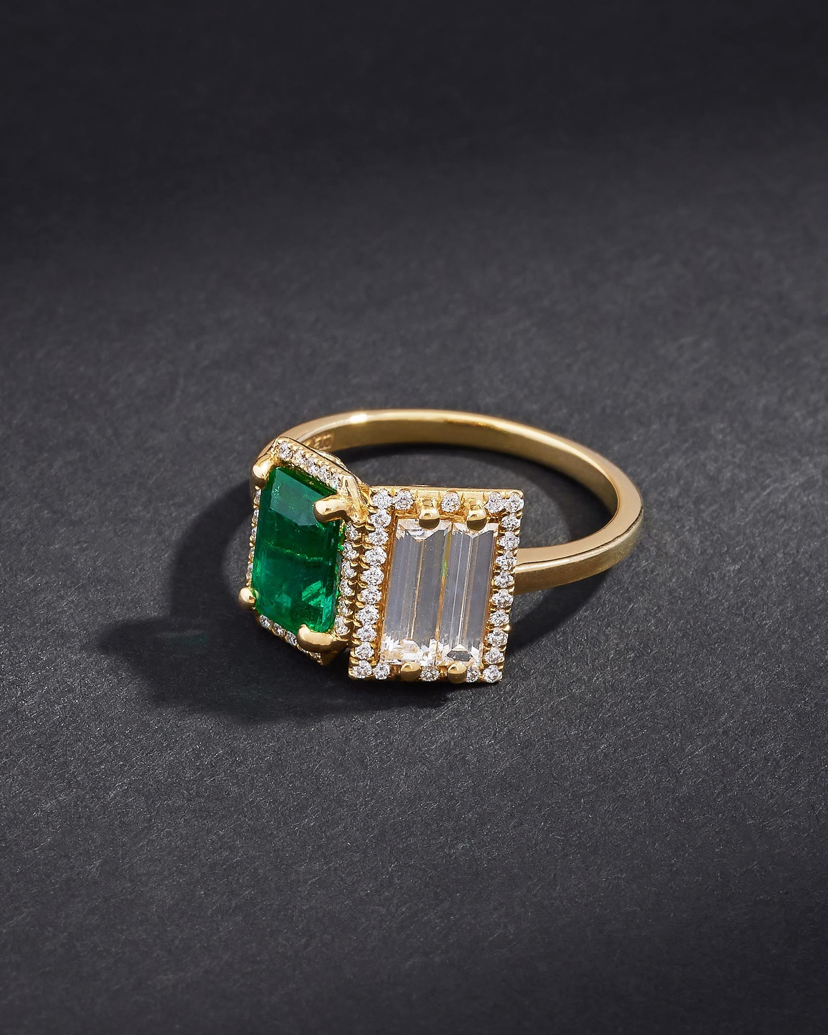 Suzanne Kalan One of a Kind Toi et Moi Emerald & Double Baguette Diamond Ring in 18k yellow gold