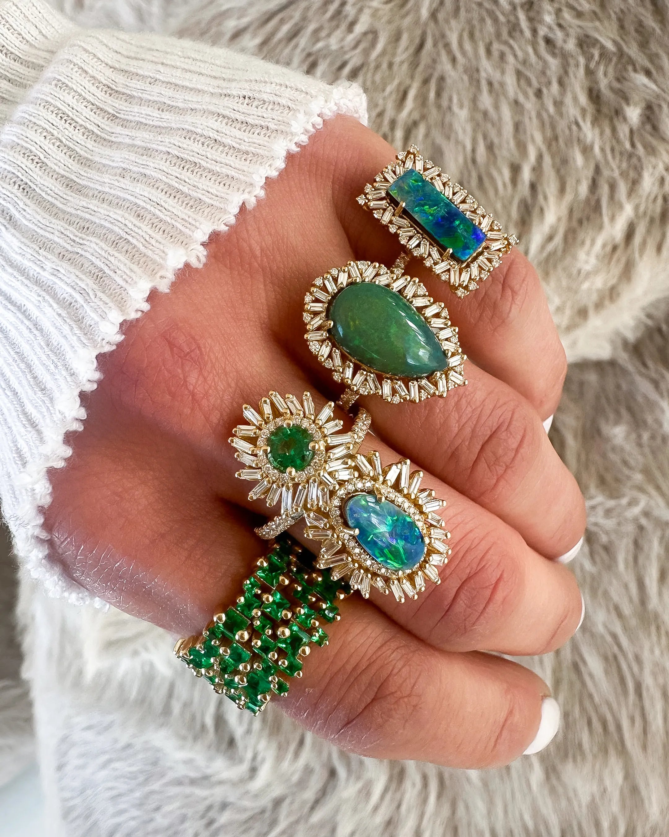 Suzanne Kalan One of a Kind Round Emerald & Oval Shape Opal Doublet Tear Drop Ring in 18k yellow gold