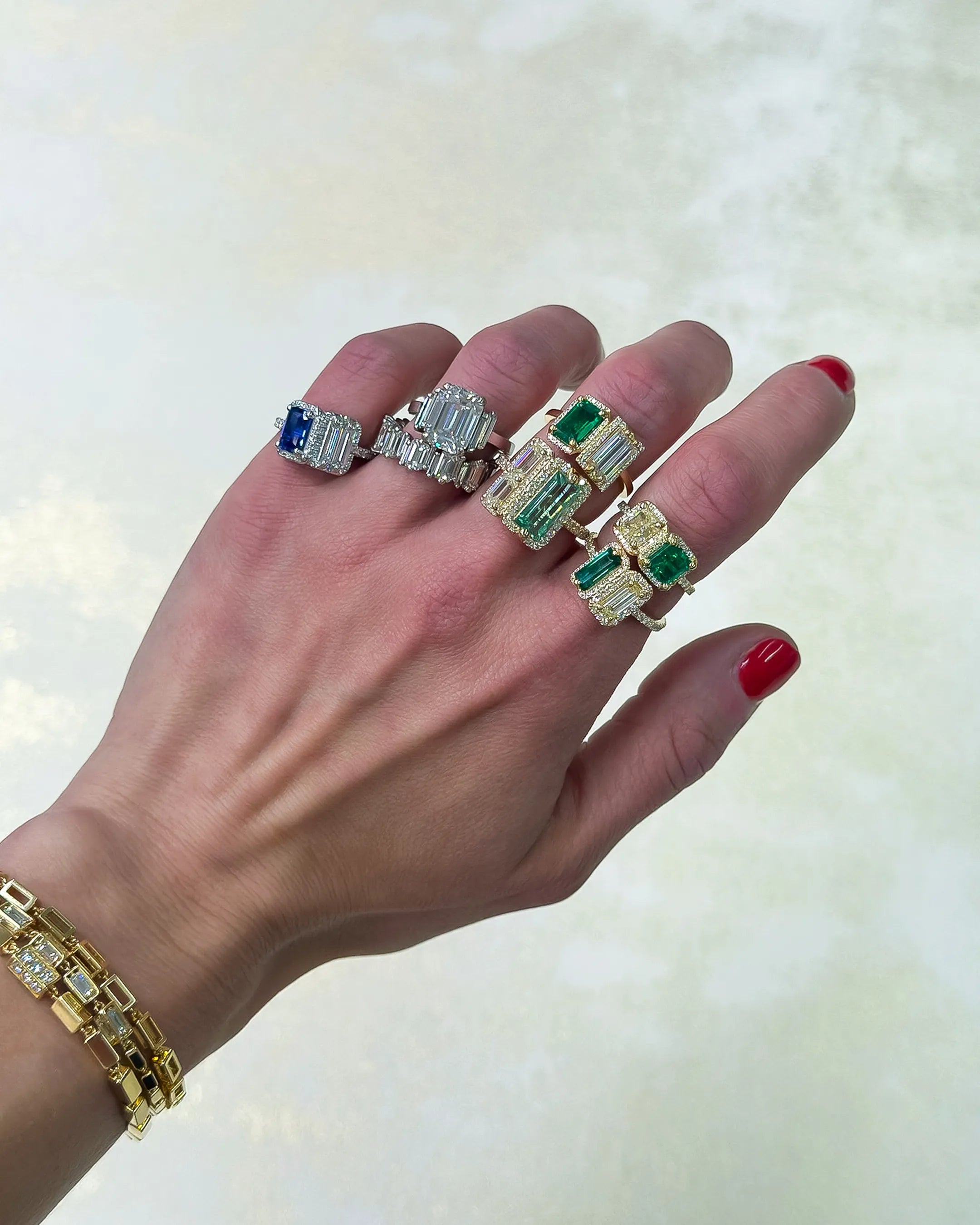 Suzanne Kalan One of a Kind Toi et Moi Emerald & Double Baguette Diamond Ring in 18k yellow gold