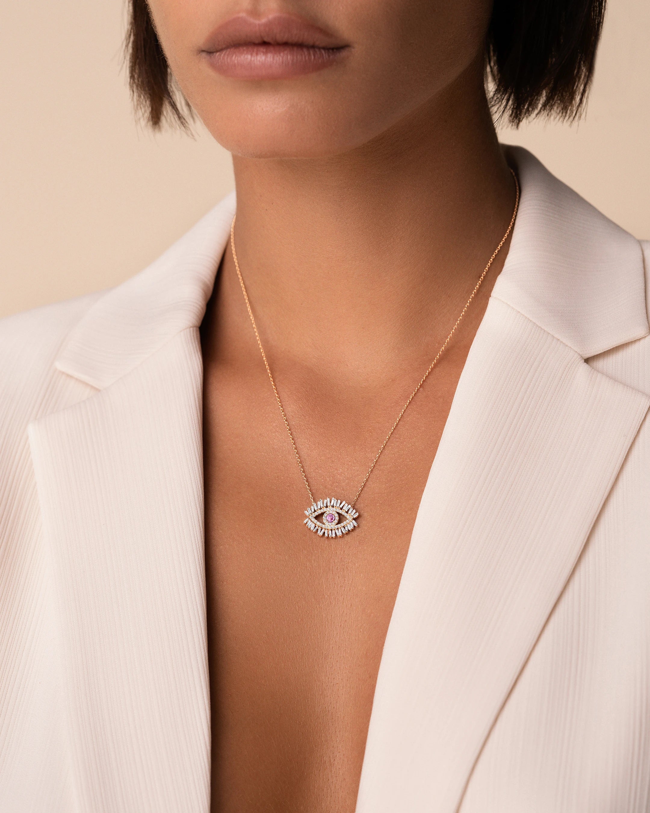 Suzanne Kalan Evil Eye Midi Pink Sapphire Half Pave Pendant in 18k rose gold