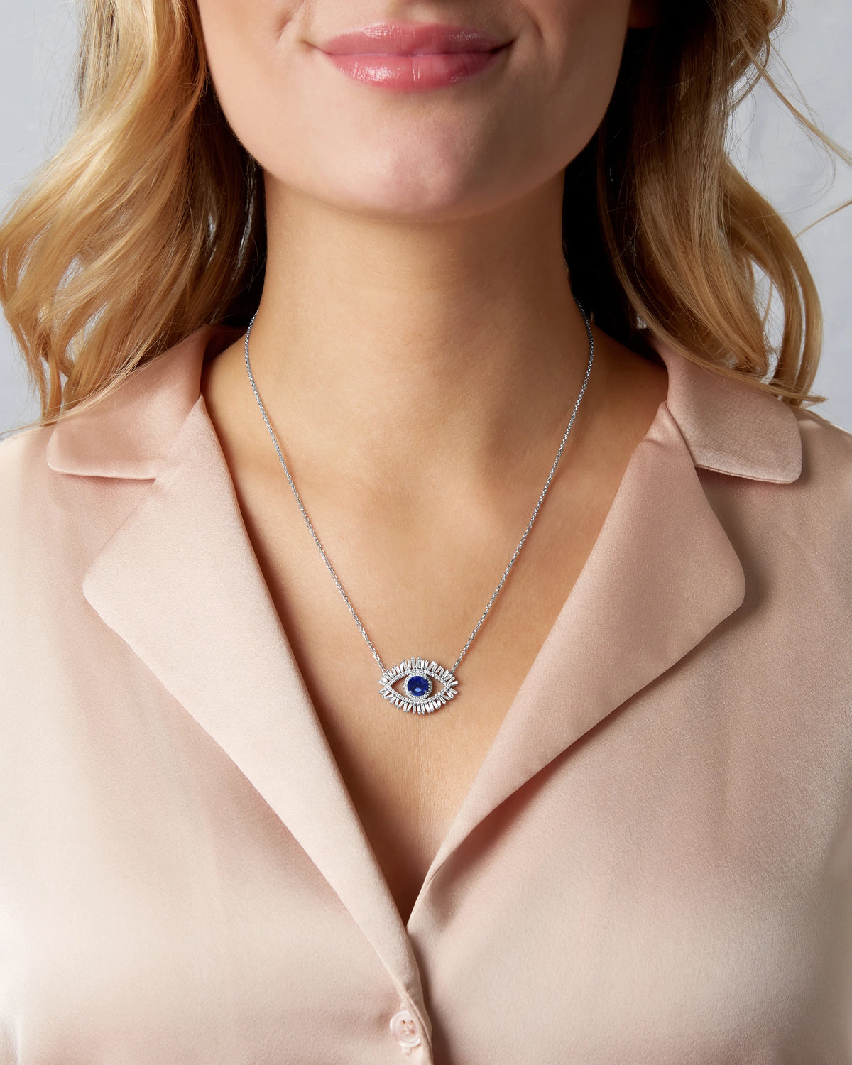 Suzanne Kalan Evil Eye Milli Dark Blue Sapphire Half Pavé Pendant in 18k white gold