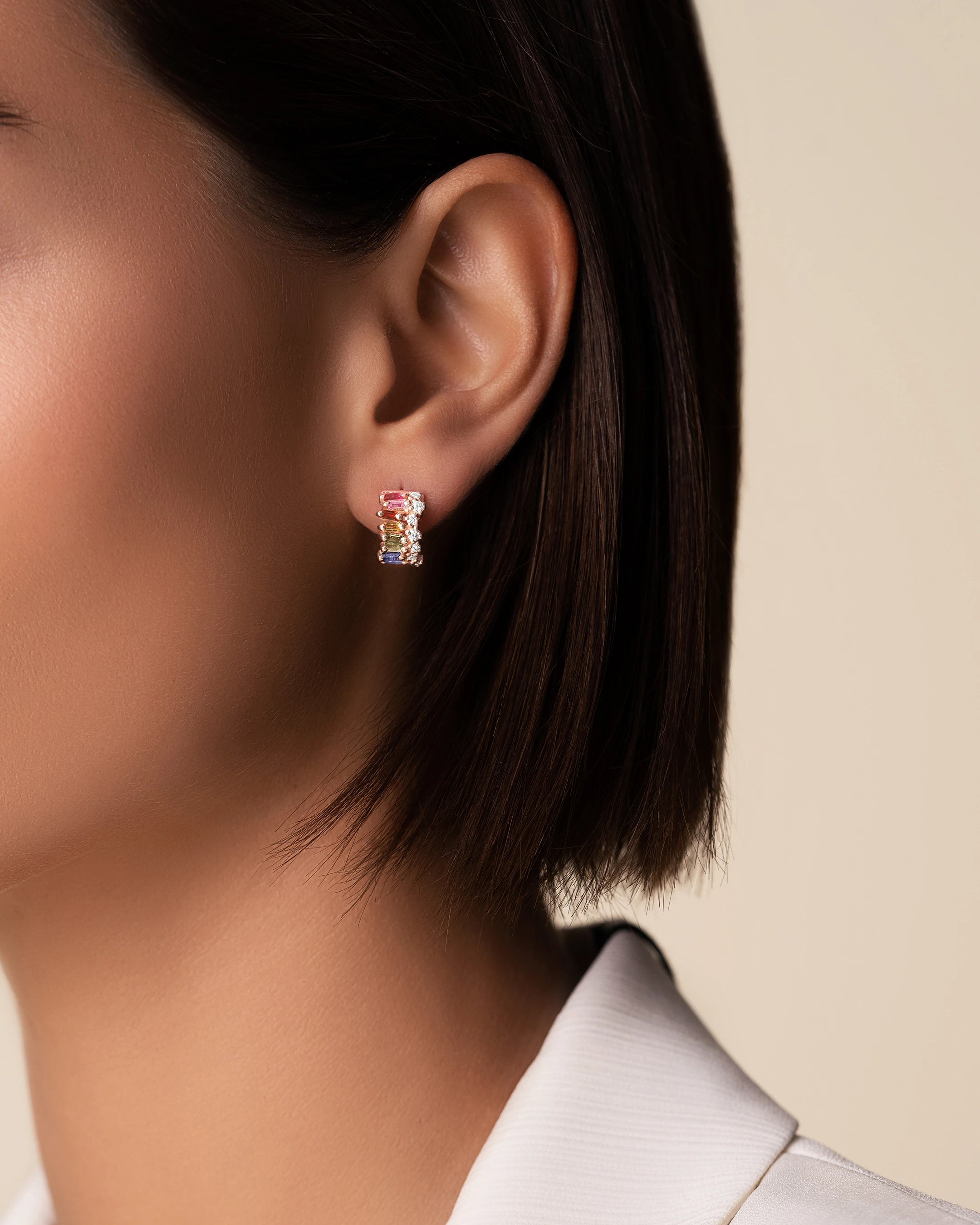 Suzanne Kalan Short Stack Rainbow Sapphire Mini Hoops in 18k rose gold