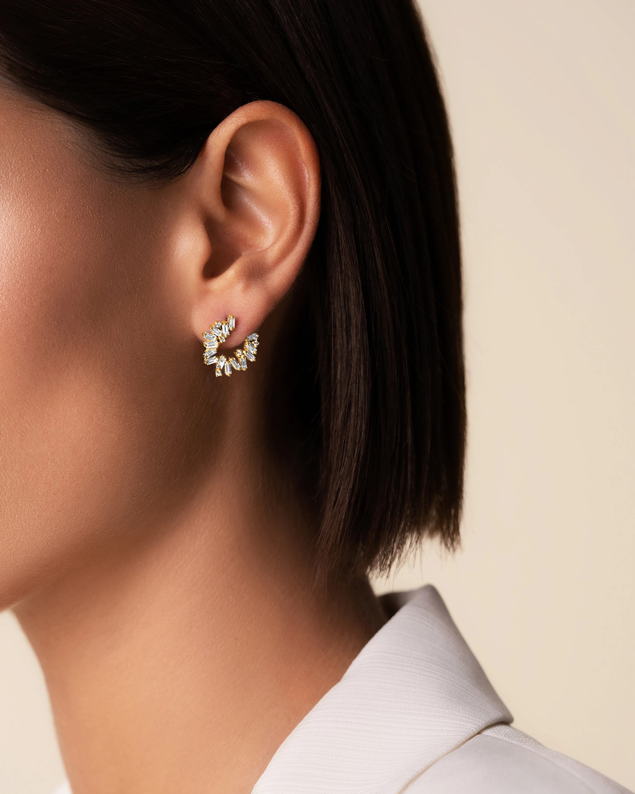 Suzanne Kalan Bold Burst Diamond Sideways Mini Hoops in 18k yellow gold