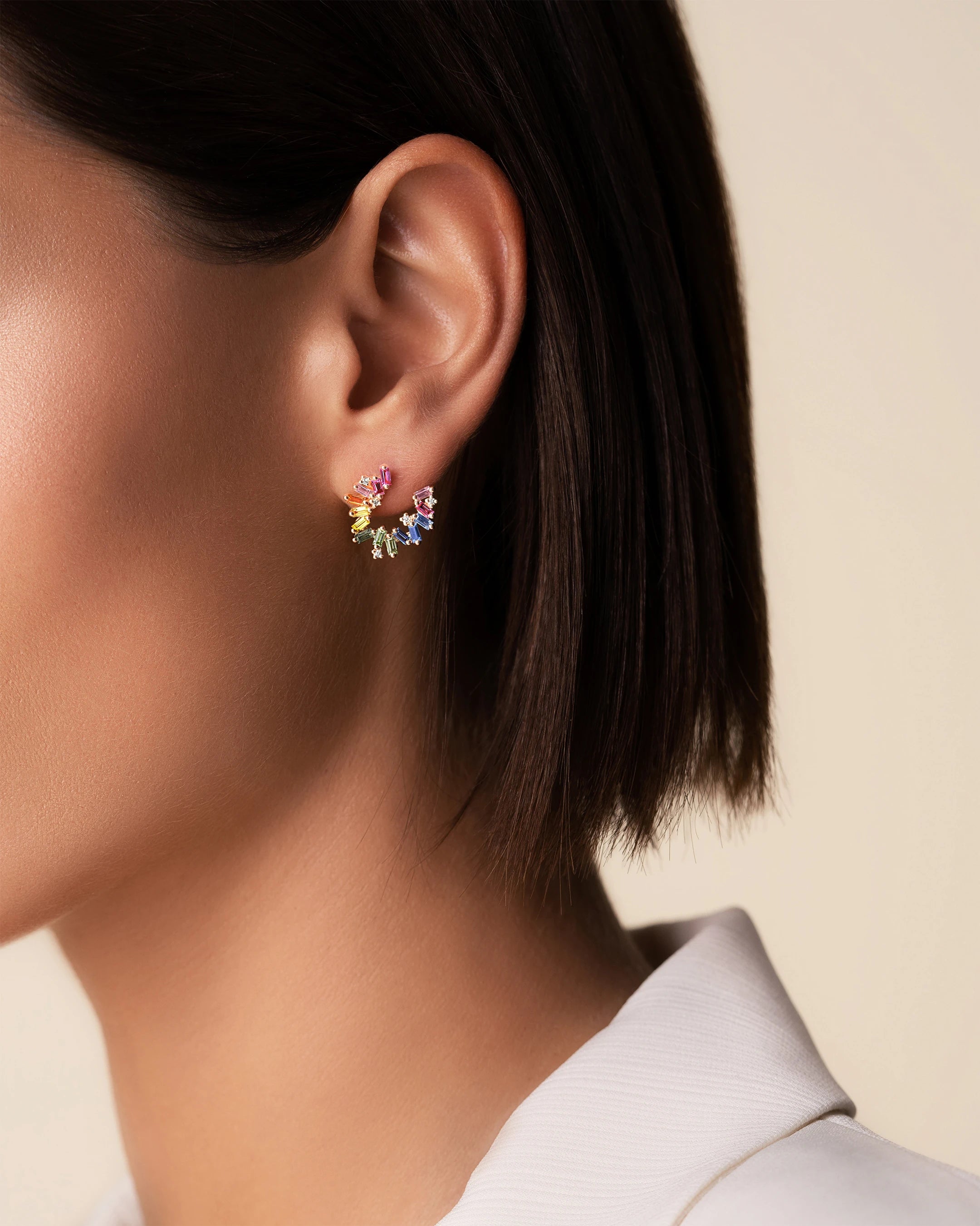 Suzanne Kalan Bold Burst Rainbow Sapphire Sideways Mini Hoops in 18k rose gold