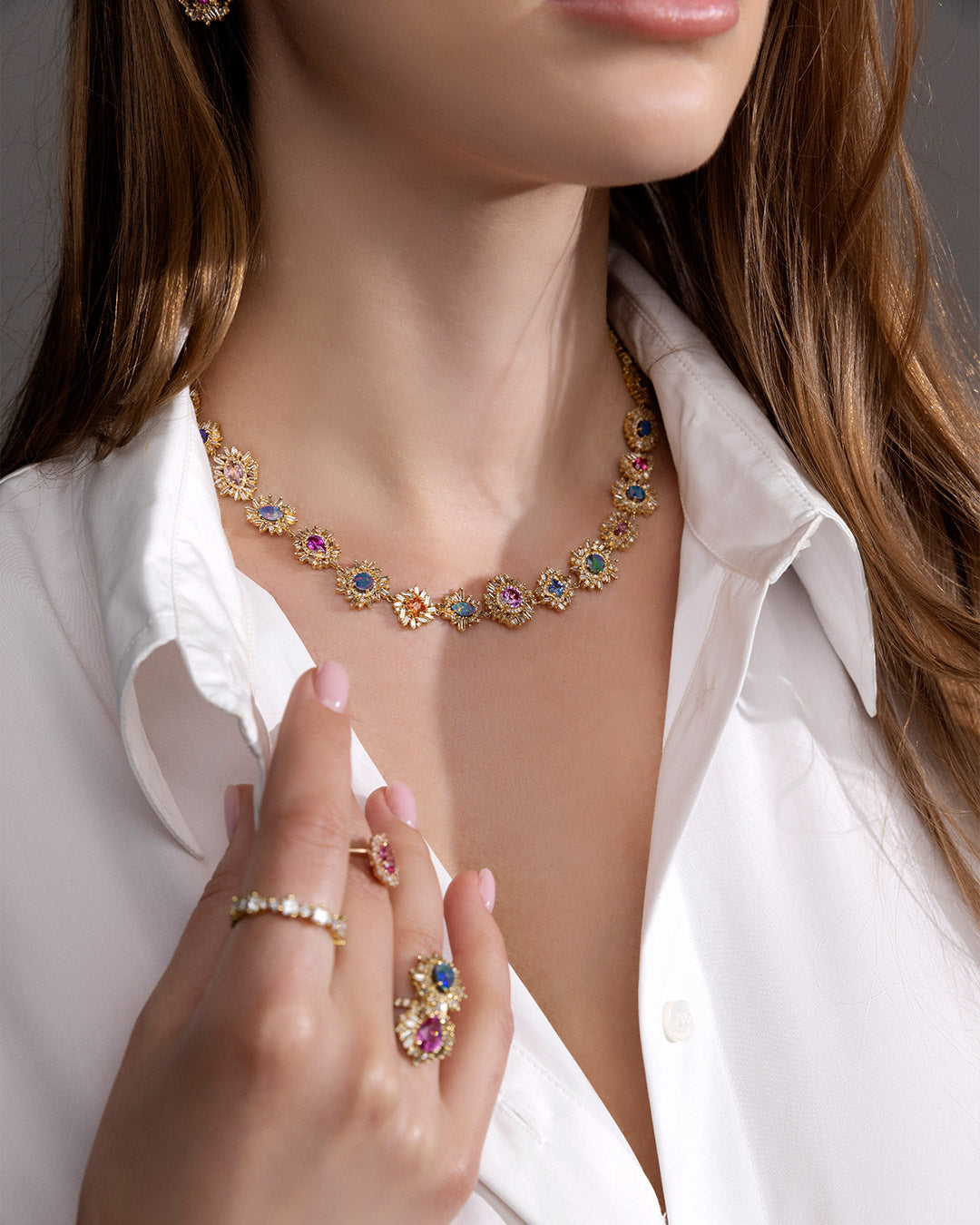 Suzanne Kalan One of a Kind Opal & Sapphire Pastel Flower Riviere Necklace in 18k yellow gold