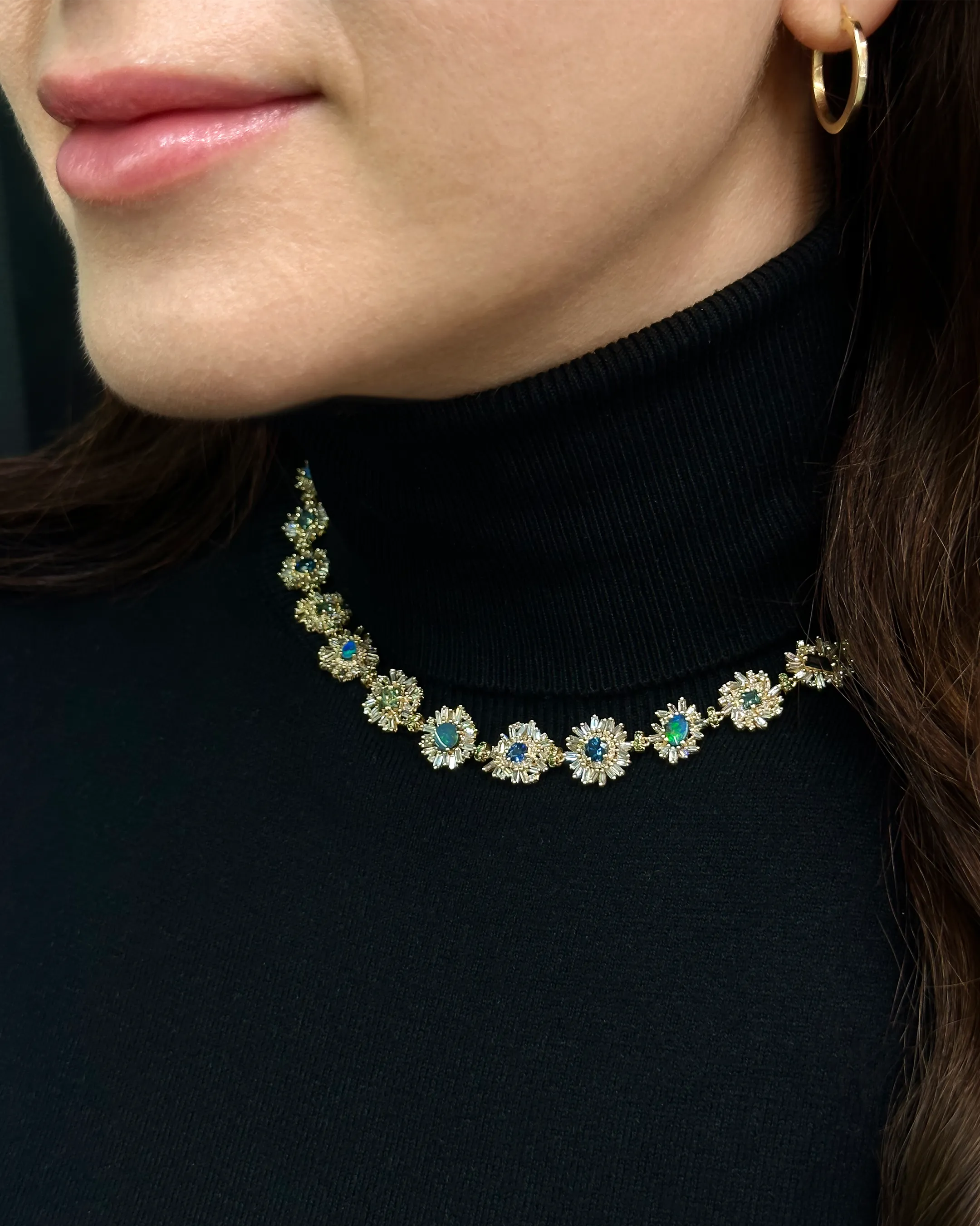 Suzanne Kalan One of a Kind Opal & Sapphire Blue Flower Riviere Necklace in 18k yellow gold