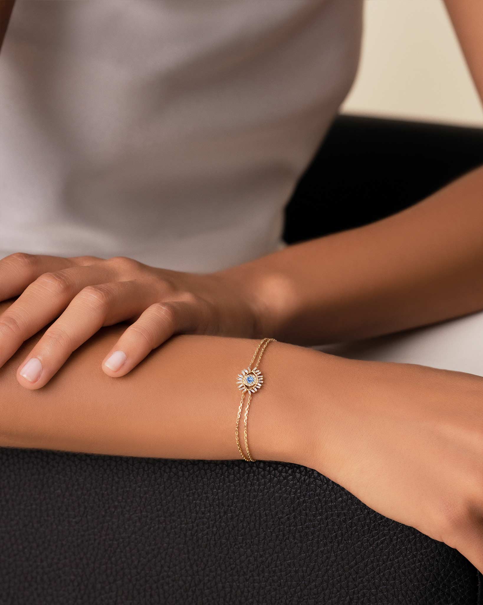 Suzanne Kalan Evil Eye Mini Light Blue Sapphire Bracelet in 18k yellow gold