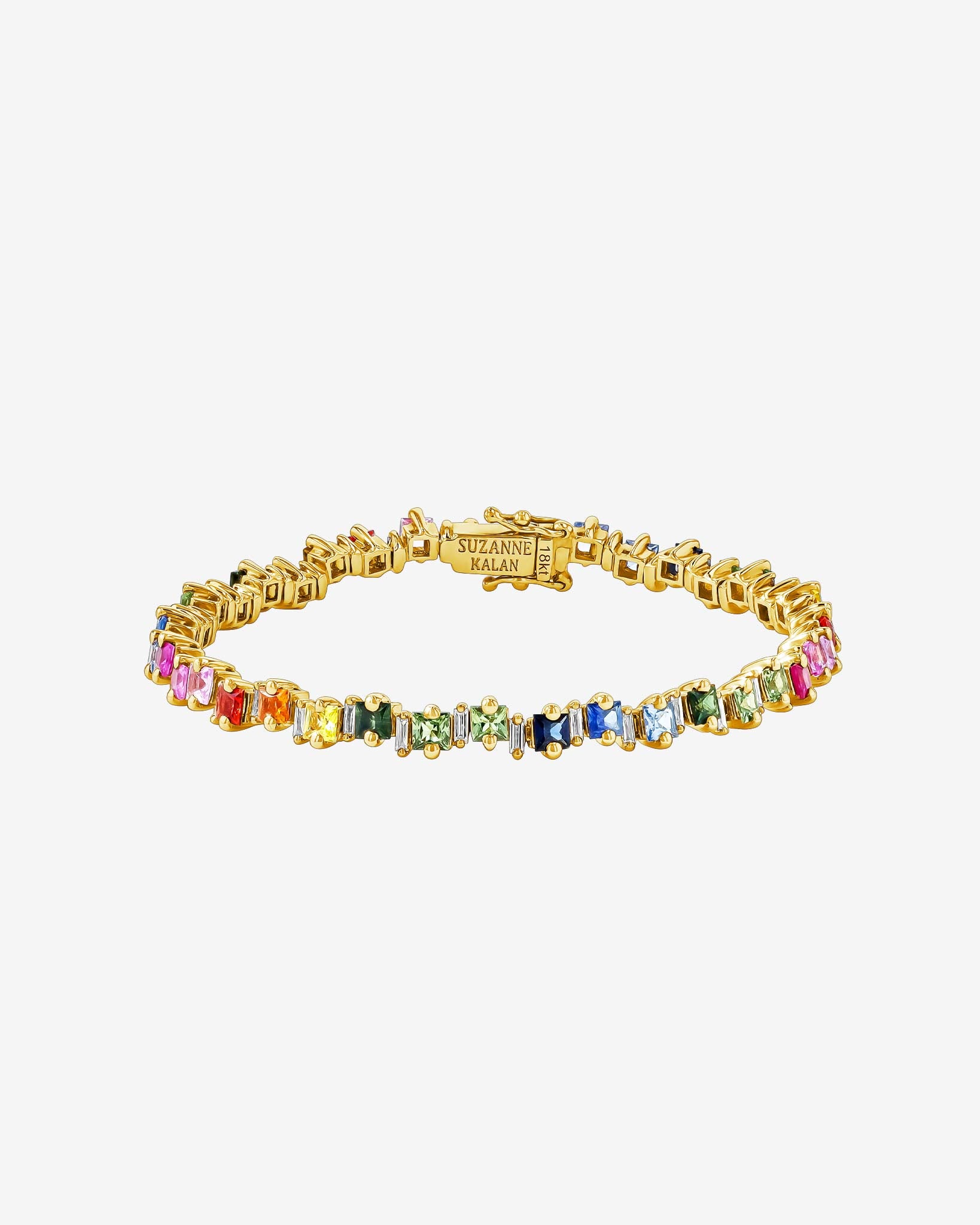 Suzanne Kalan Princess Staggered Rainbow Sapphire Tennis Bracelet in 18k yellow gold