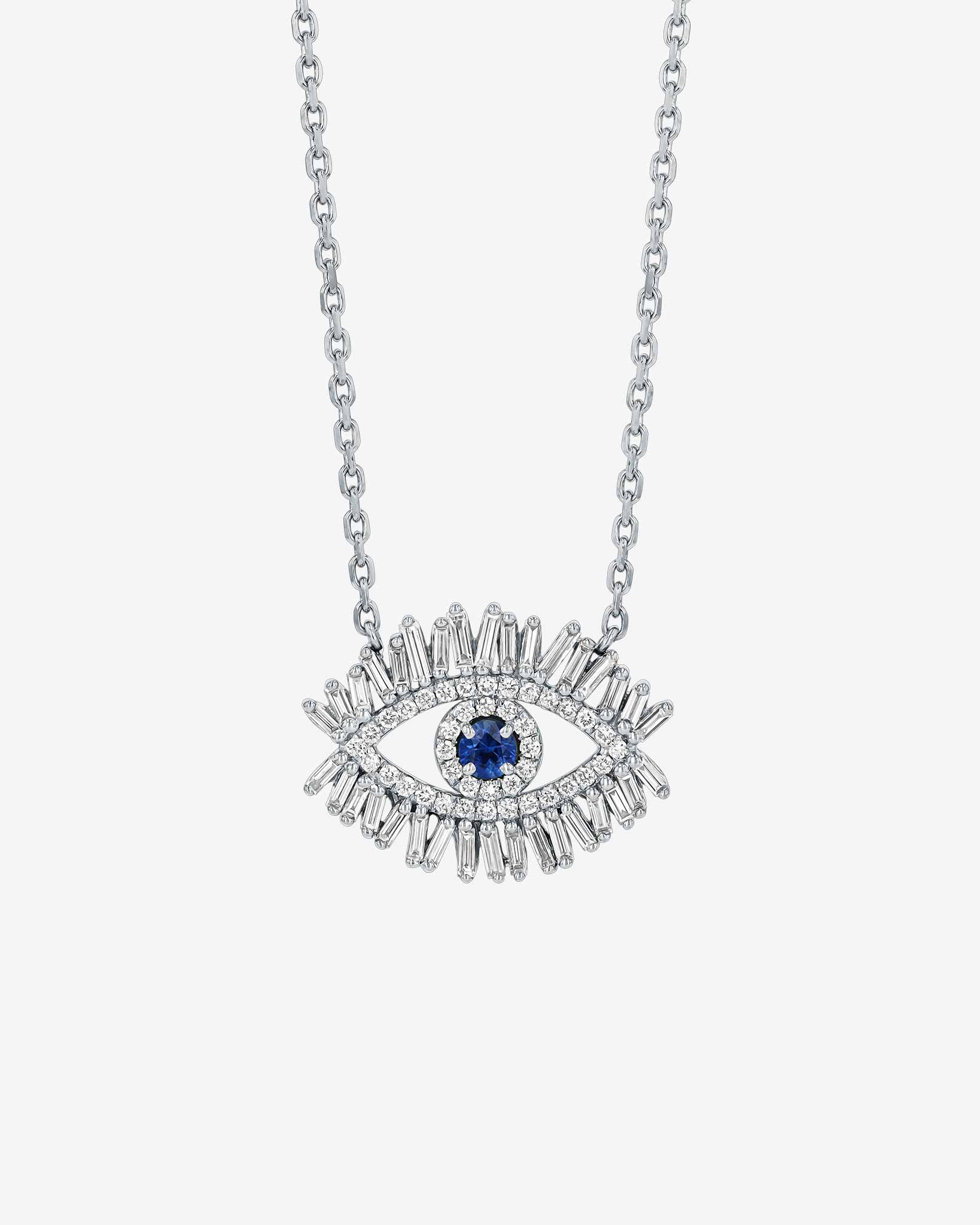 Suzanne Kalan Evil Eye Midi Dark Blue Sapphire Half Pavé Pendant in 18k white gold