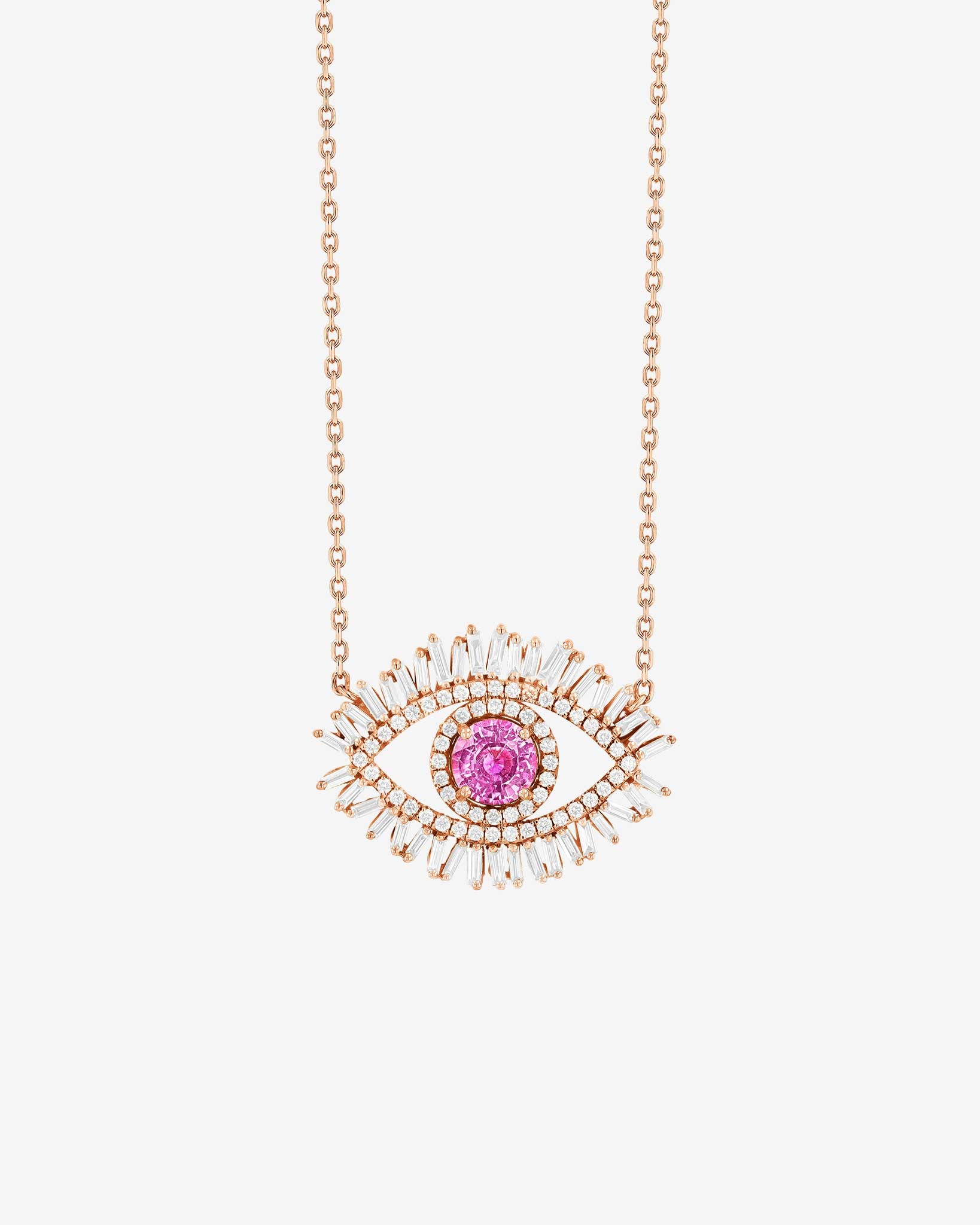 Suzanne Kalan Evil Eye Milli Pink Sapphire Half Pavé Pendant in 18k rose gold