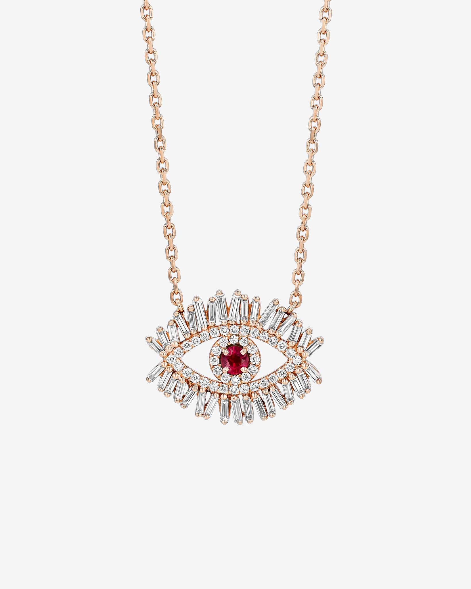 Suzanne Kalan Evil Eye Midi Ruby Half Pavé Pendant in 18k rose gold