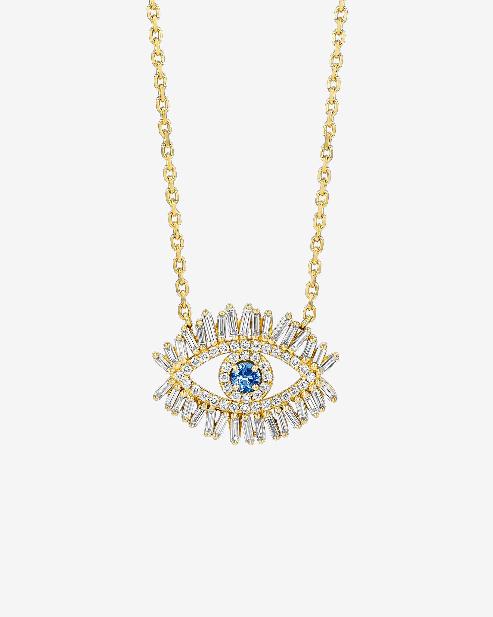 Suzanne Kalan Evil Eye Midi Light Blue Sapphire Half Pavé Pendant in 18k yellow gold