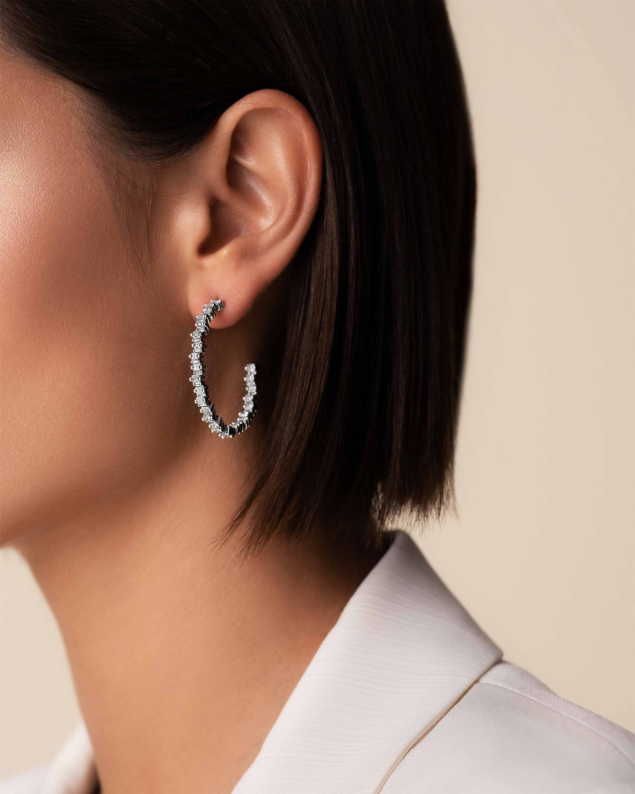 Suzanne Kalan Princess Staggered Diamond Midi Hoops in 18k white gold