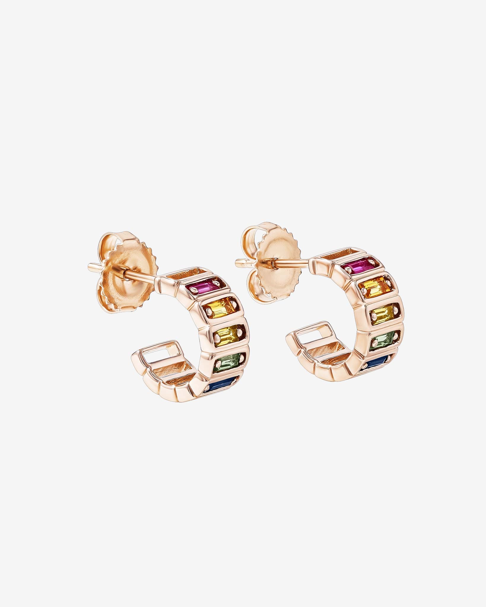 Suzanne Kalan Inlay Horizontal Rainbow Sapphrie Mini Hoops in 18k rose gold