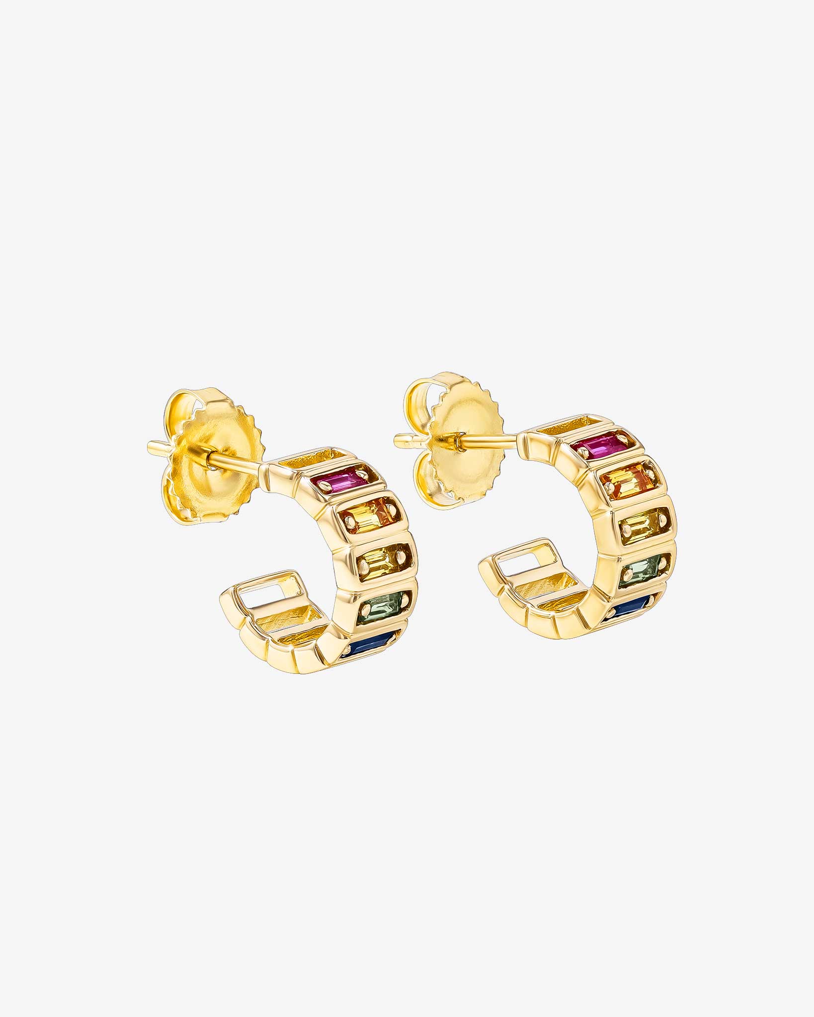 Suzanne Kalan Inlay Horizontal Rainbow Sapphrie Mini Hoops in 18k yellow gold