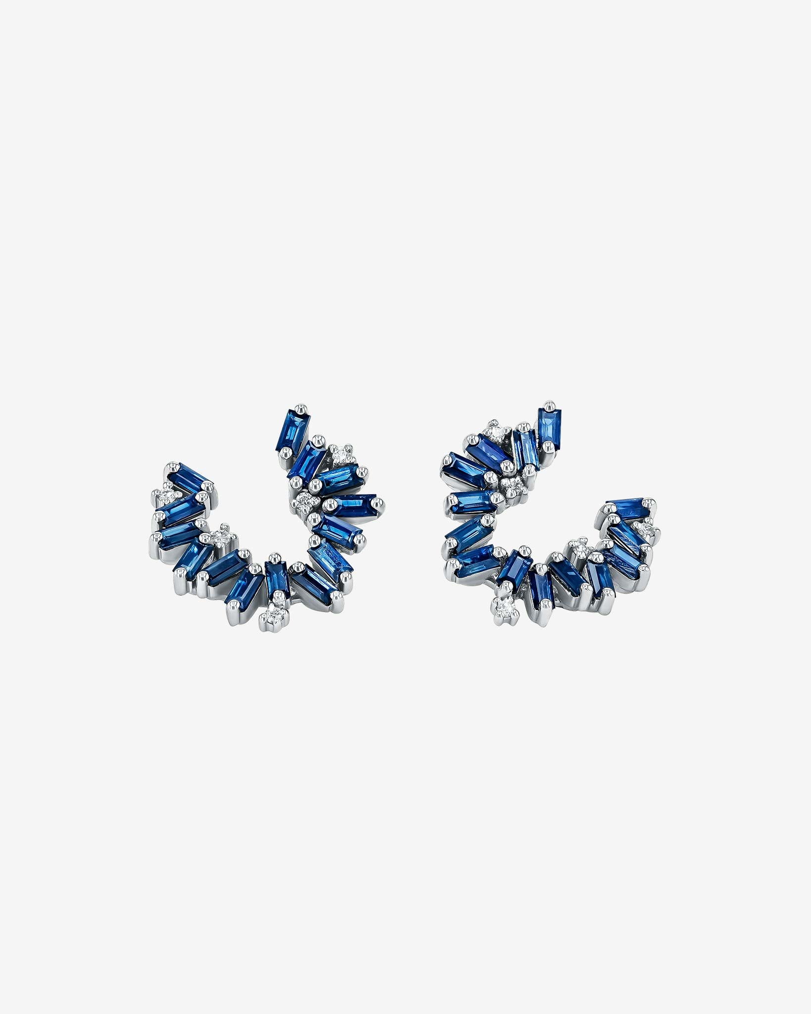 Suzanne Kalan Bold Burst Dark Blue Sapphire Sideways Mini Hoops in 18k white gold