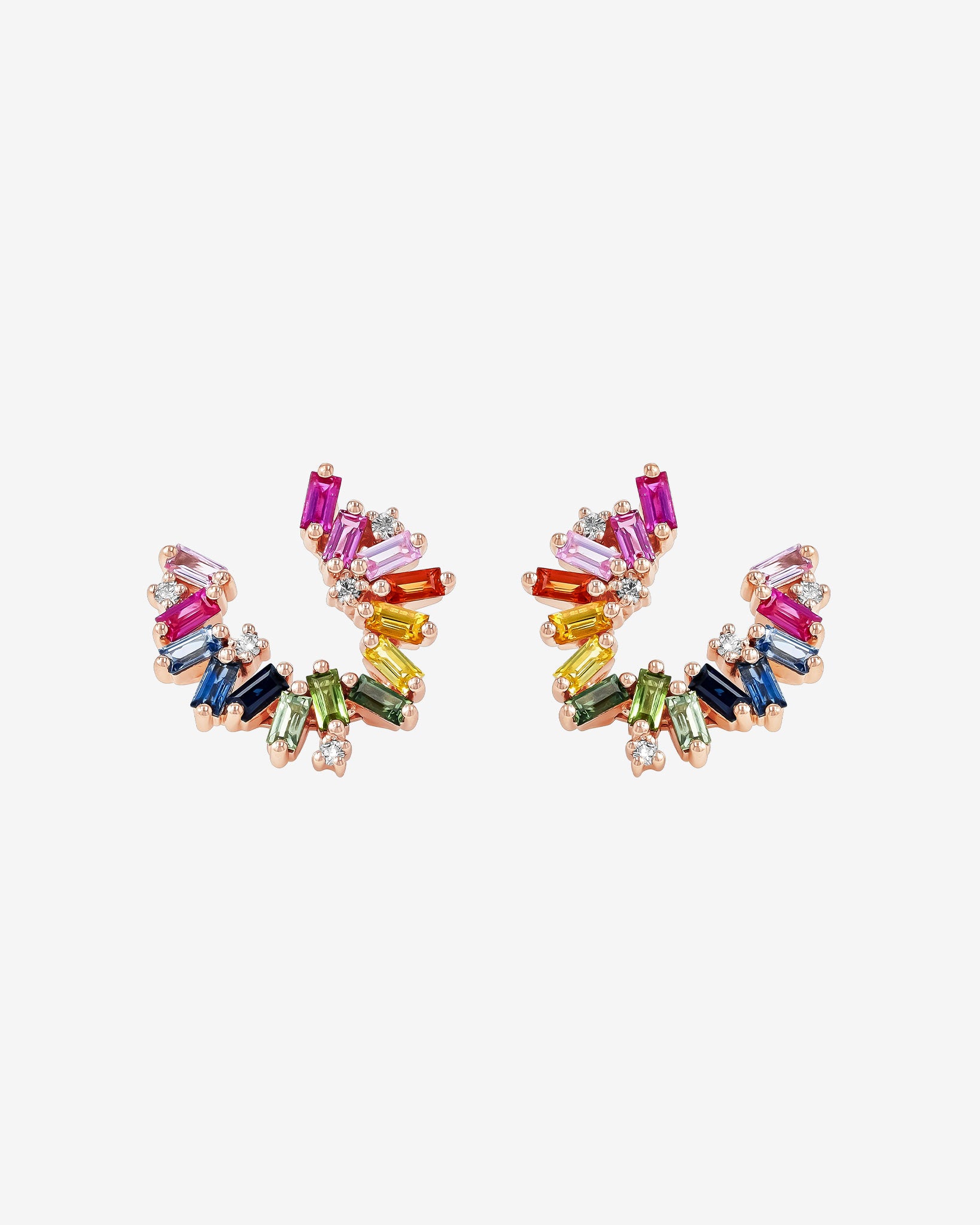 Suzanne Kalan Bold Burst Rainbow Sapphire Sideways Mini Hoops in 18k rose gold