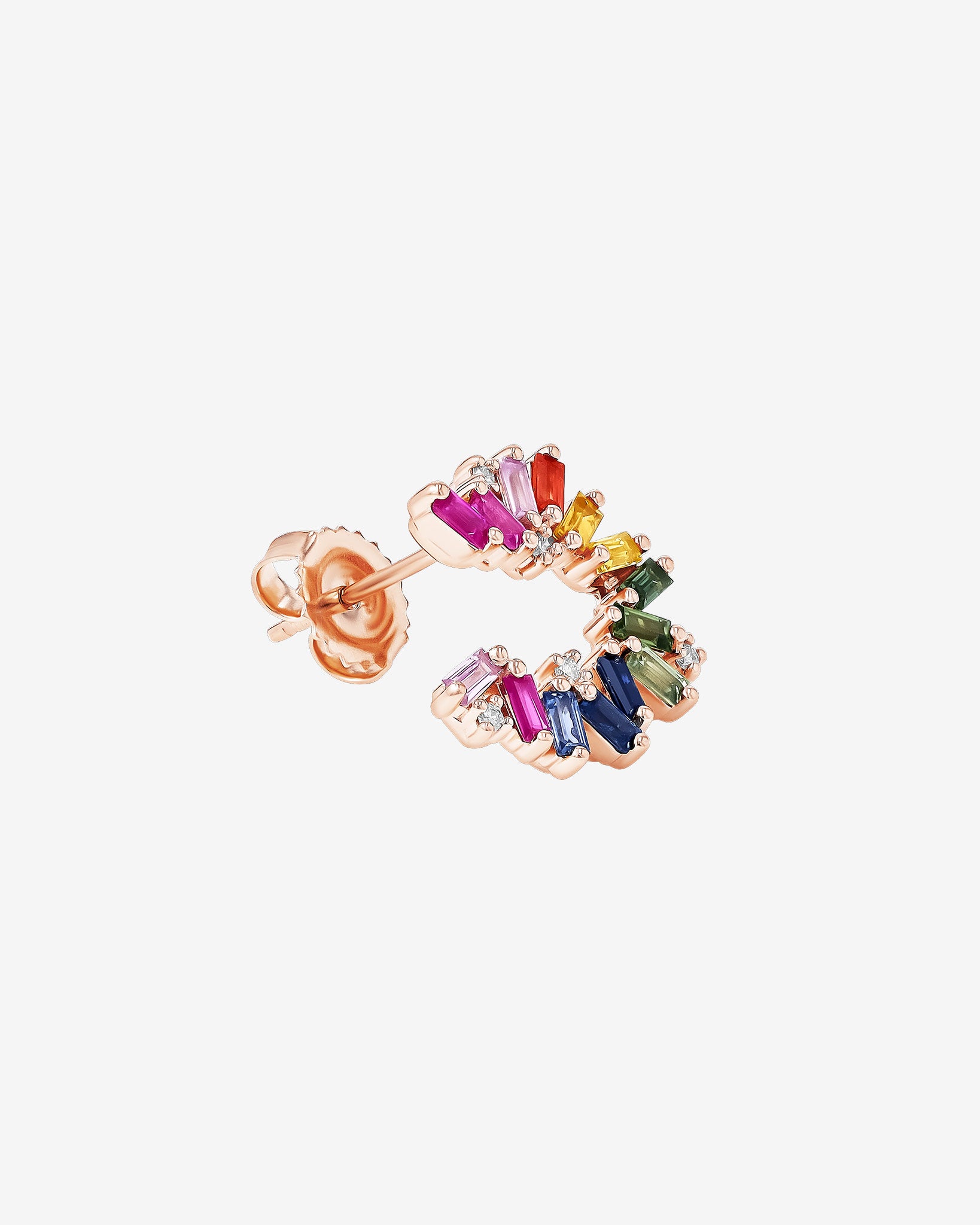 Suzanne Kalan Bold Burst Rainbow Sapphire Sideways Mini Hoops in 18k rose gold