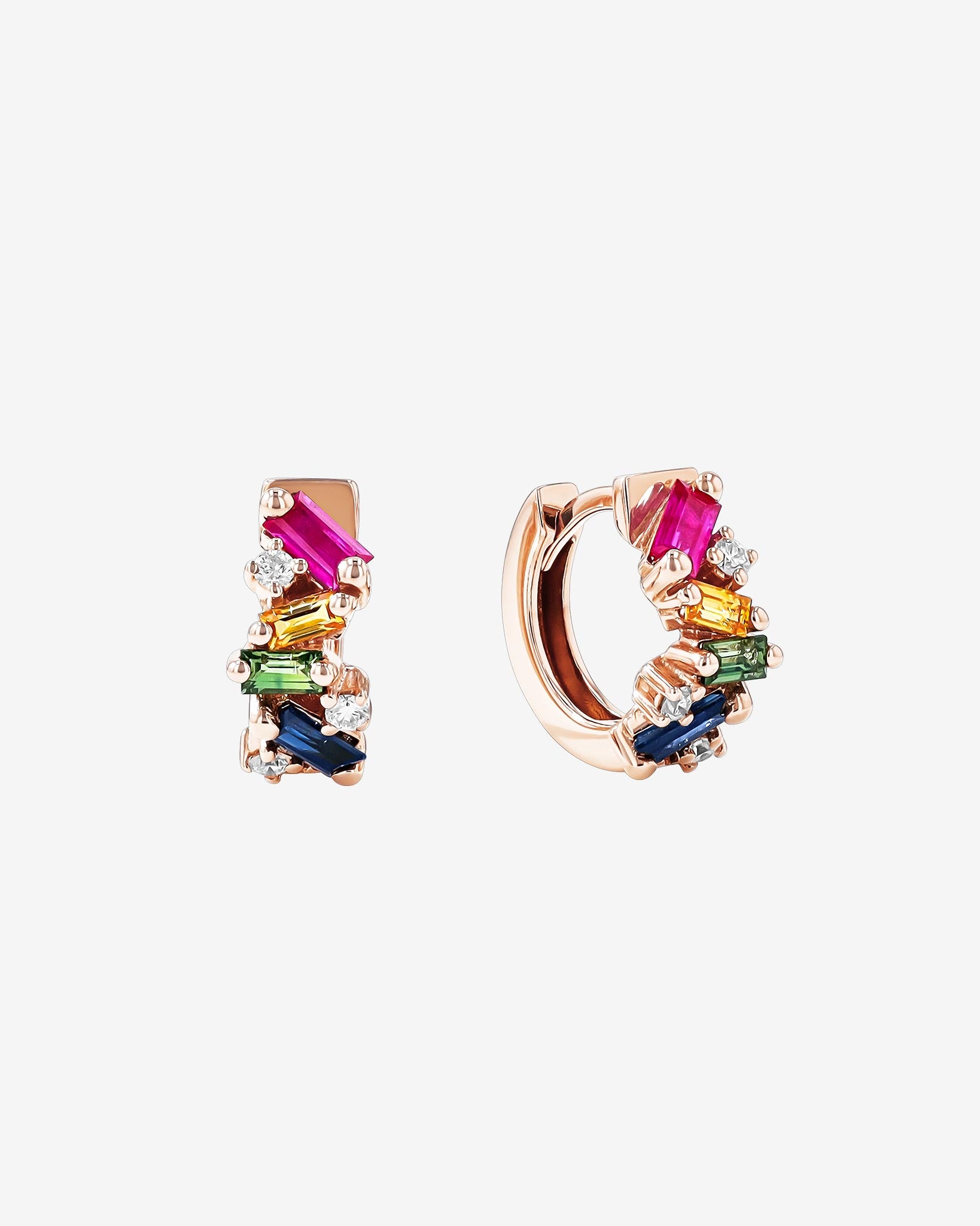 Suzanne Kalan Frenzy Rainbow Sapphire Huggies in 18K rose gold