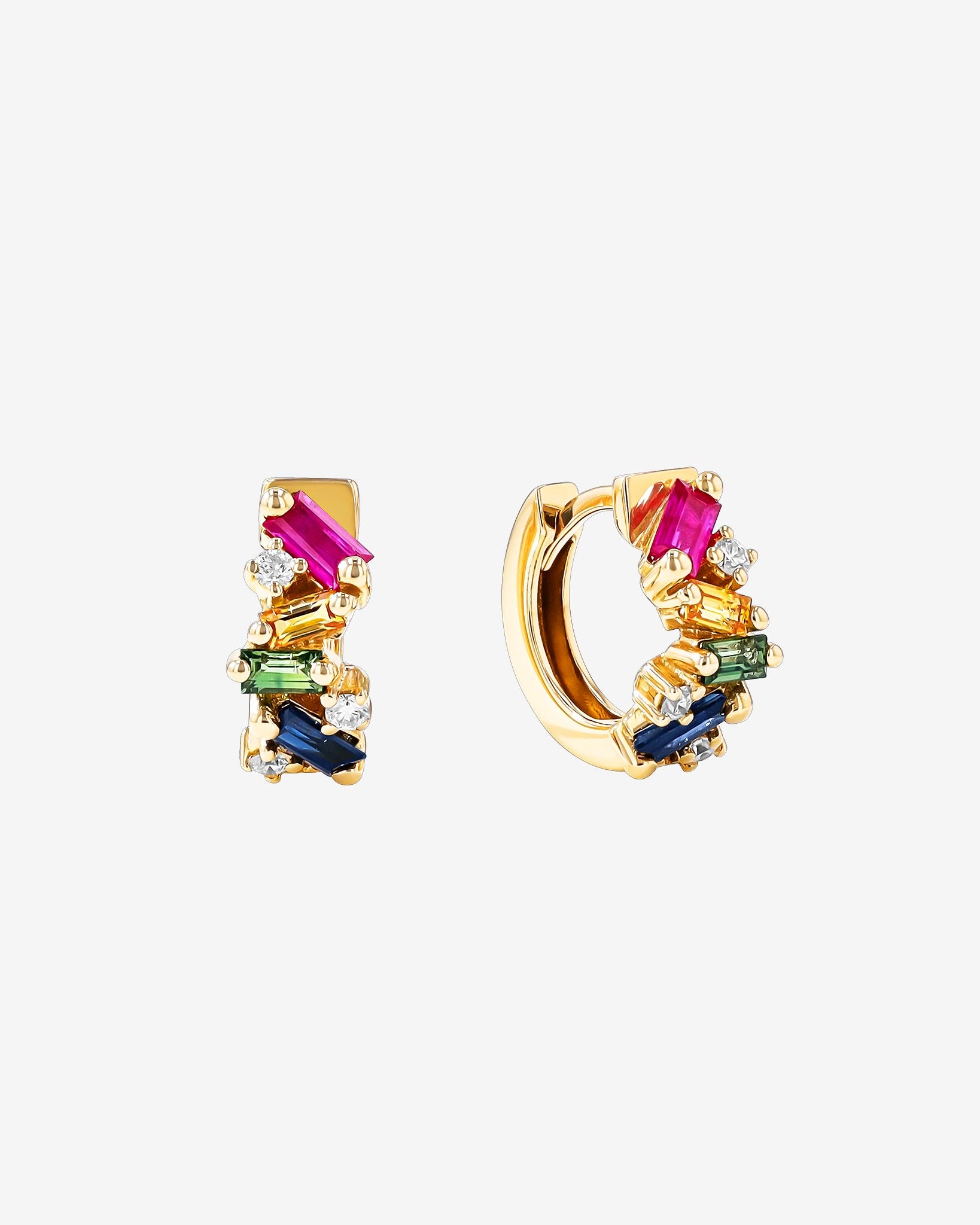 Suzanne Kalan Frenzy Rainbow Sapphire Huggies in 18K yellow gold