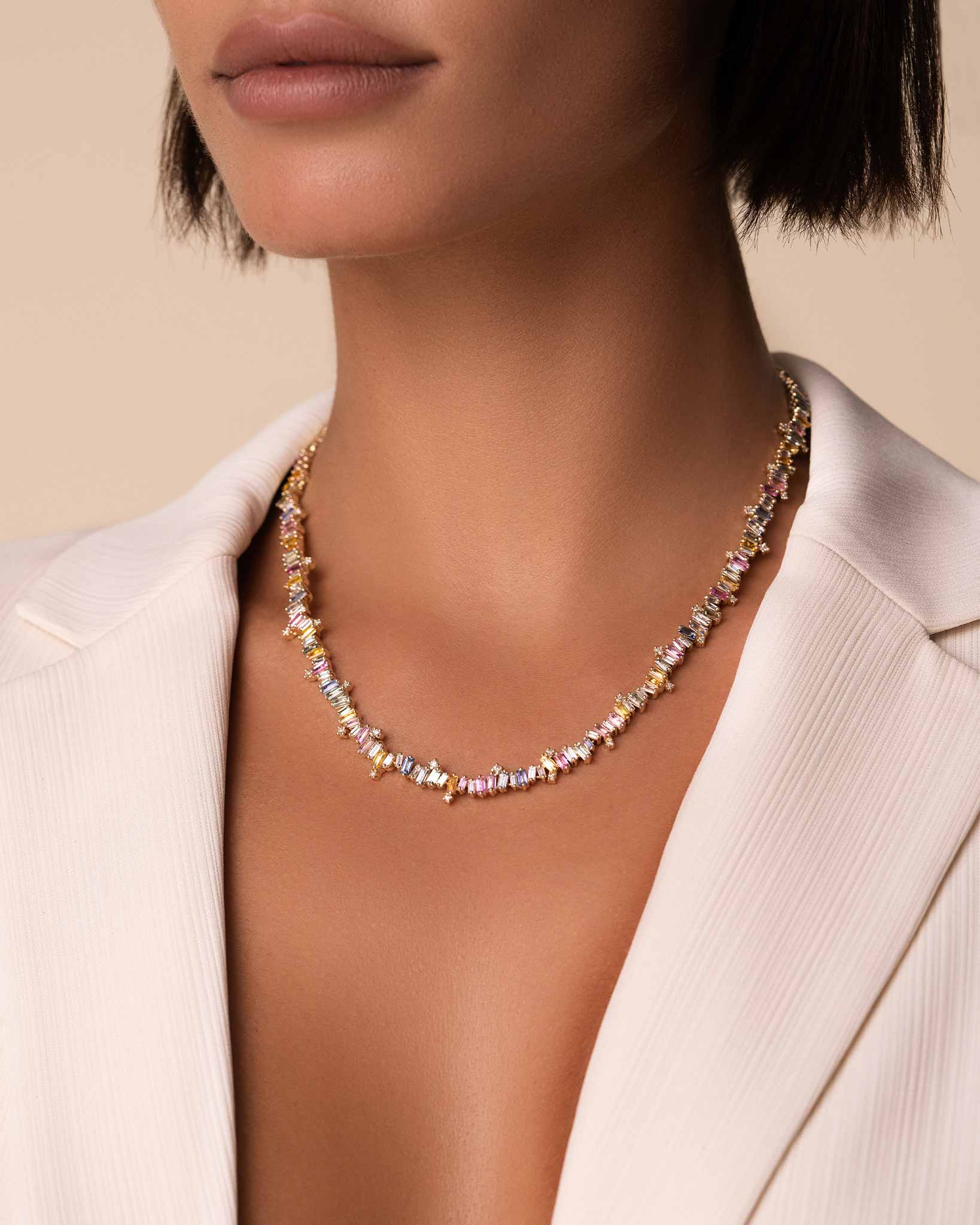 Suzanne Kalan Bold Burst Pastel Sapphire Tennis Necklace in 18k yellow gold