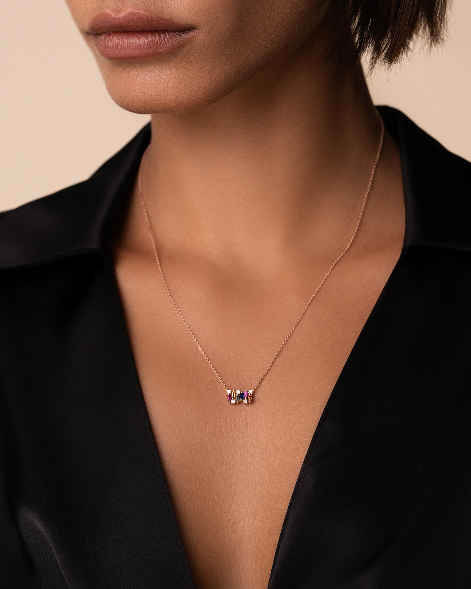 Suzanne Kalan Shimmer Rainbow Sapphire Mini Bar Pendant in 18k rose gold