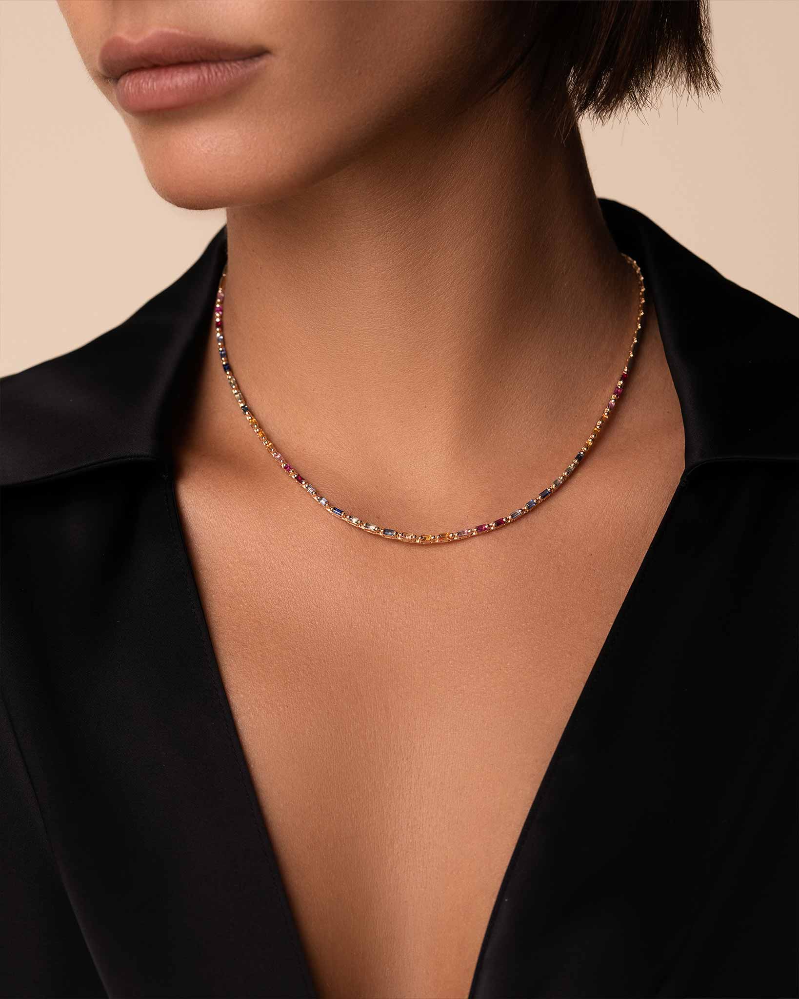 Suzanne Kalan Linear Half Rainbow Sapphire Tennis Necklace in 18k yellow gold