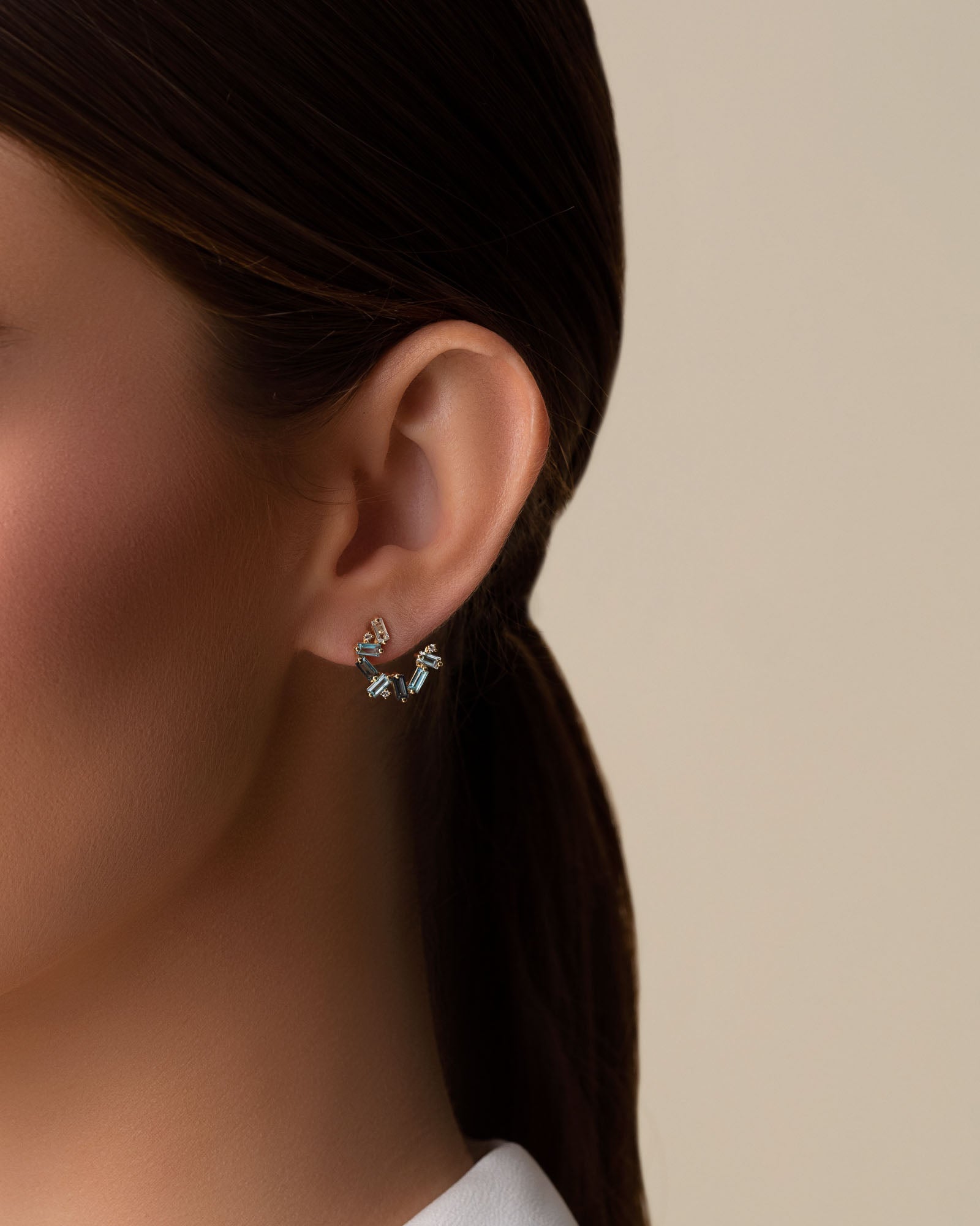 Kalan By Suzanne Kalan Amalfi Burst Light Blue Mix Sideways Mini Hoops in 14k yellow gold
