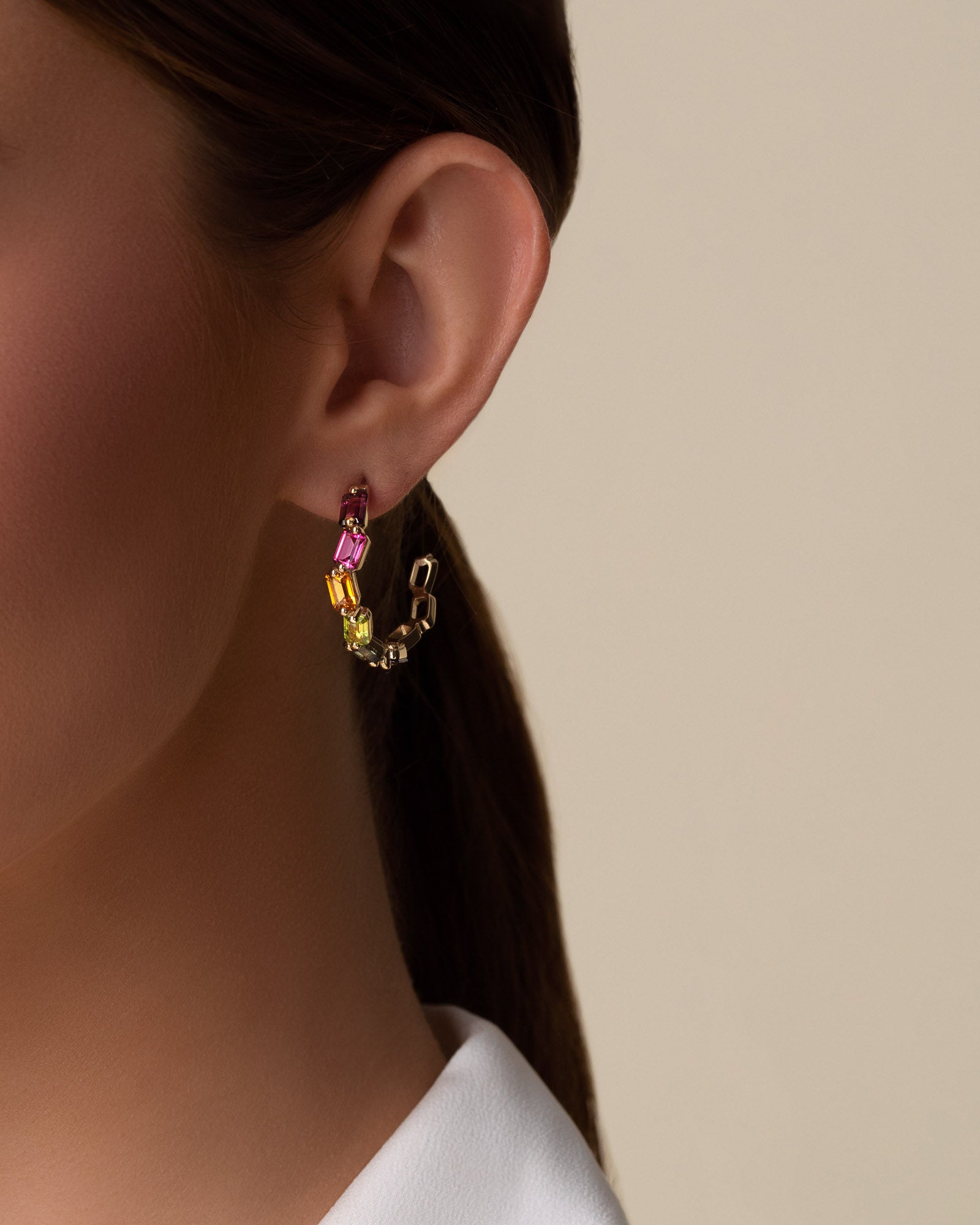 Kalan By Suzanne Kalan Ann Emerald Cut Rainbow Midi Hoops in 14k yellow gold